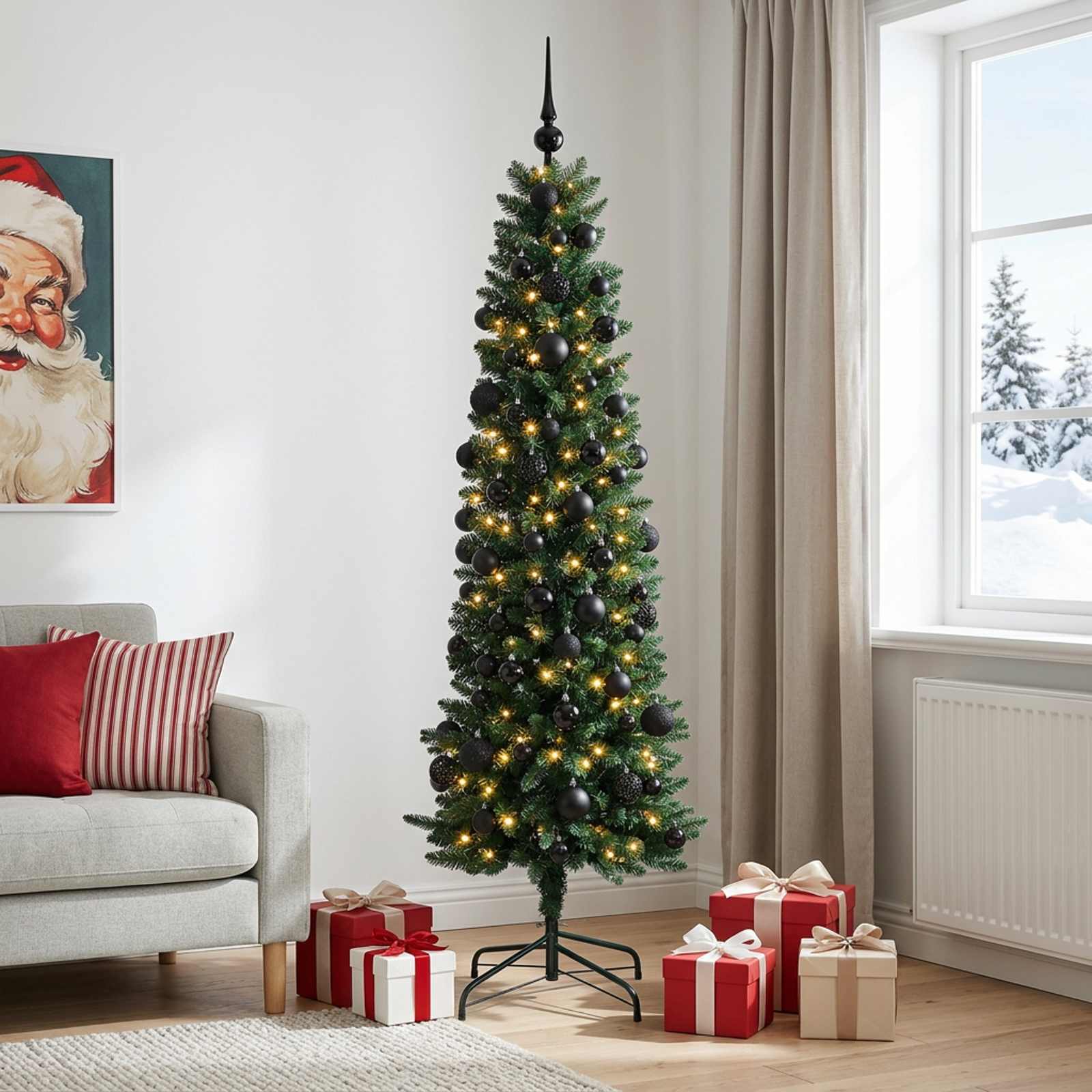 vidaXL - Smalle - kunstkerstboom - met - kerstbal - 180 - cm - 300 - LED's - Warmwit
