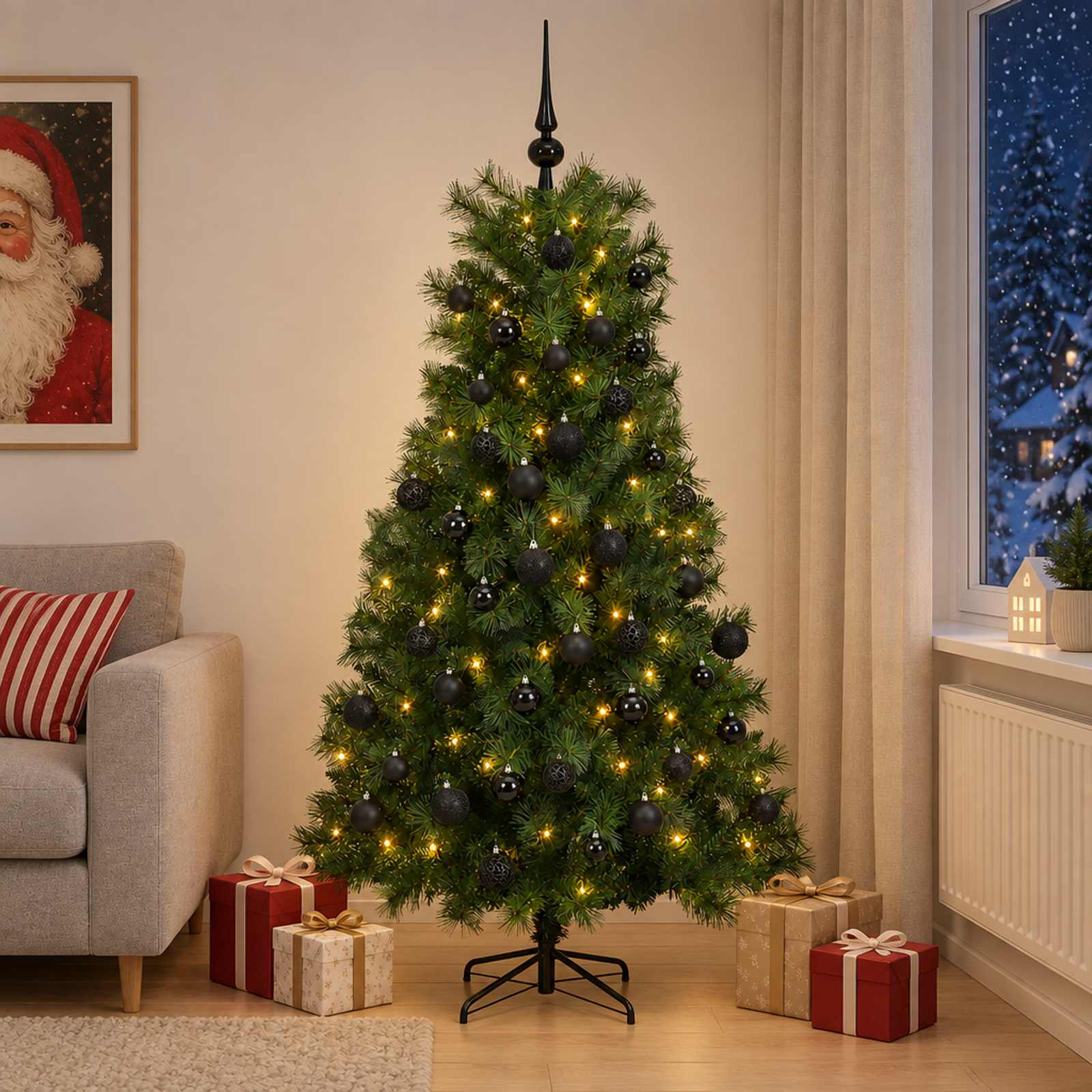 vidaXL Kunstigt hængslet juletræ med julekugler 180 cm 300 LED'er