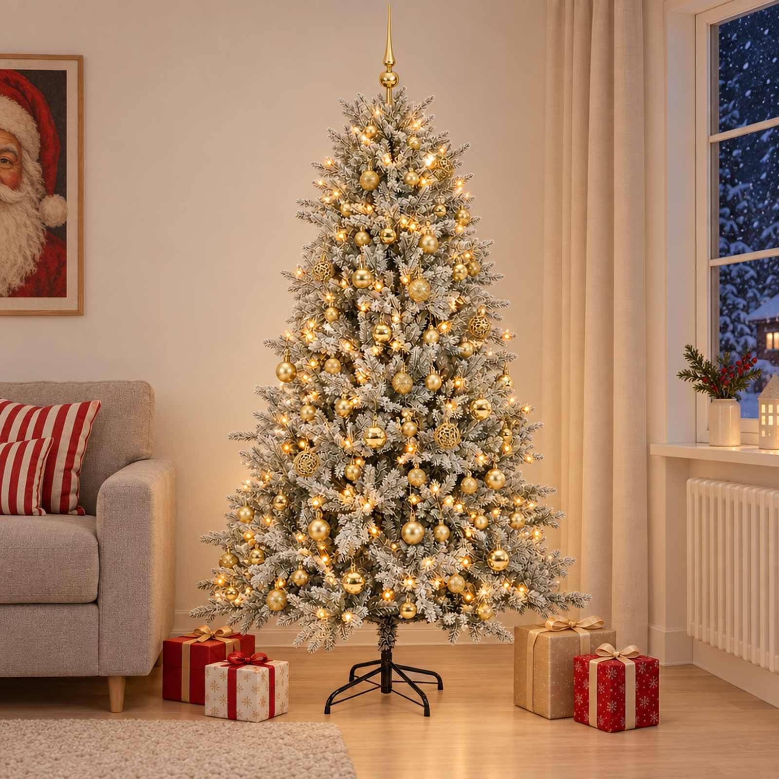 vidaXL Kunstig juletræ med kugler 240 cm 300 LED'er Varm hvid