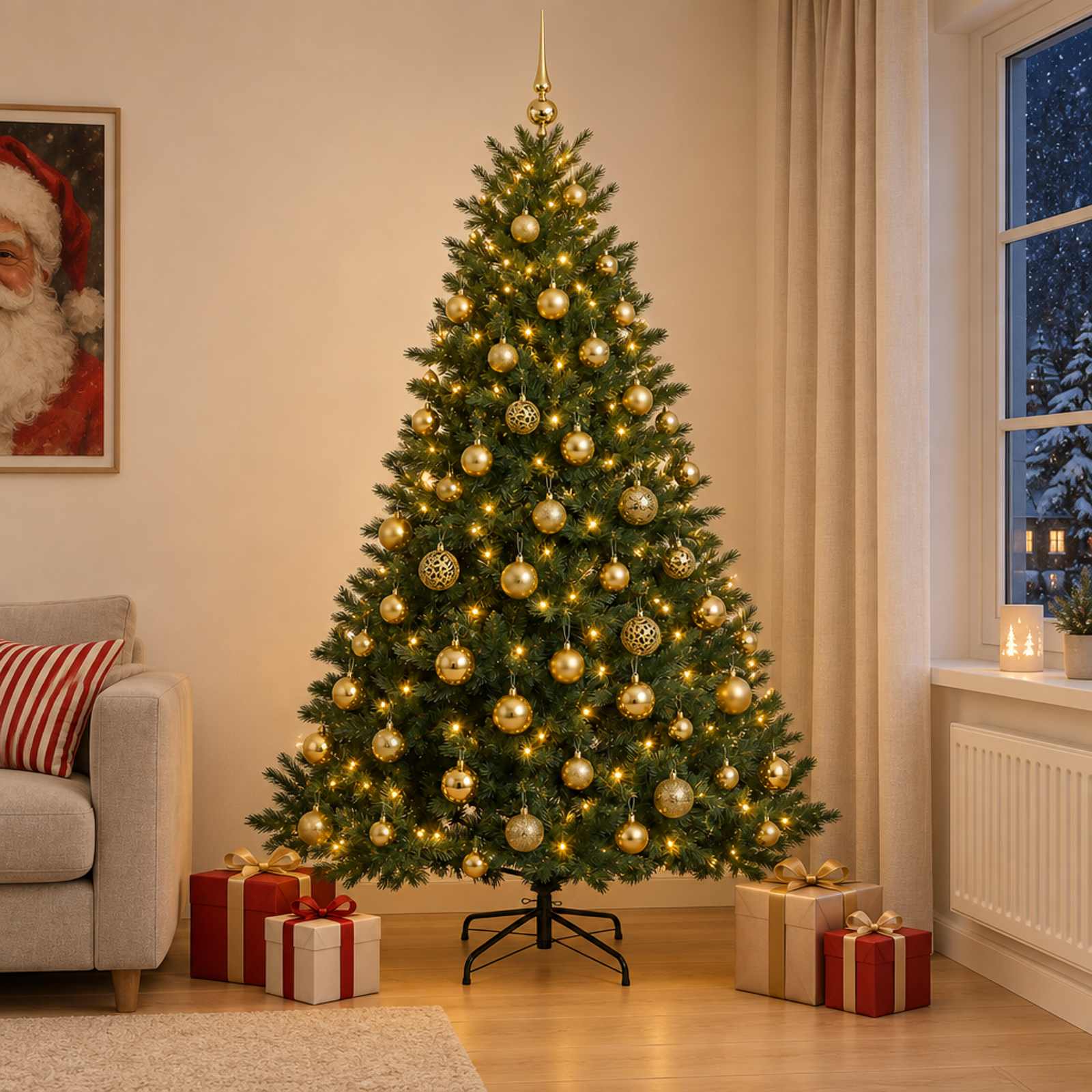 vidaXL Kunstigt juletræ med julekugle 210 cm 300 LED'er Varm hvid