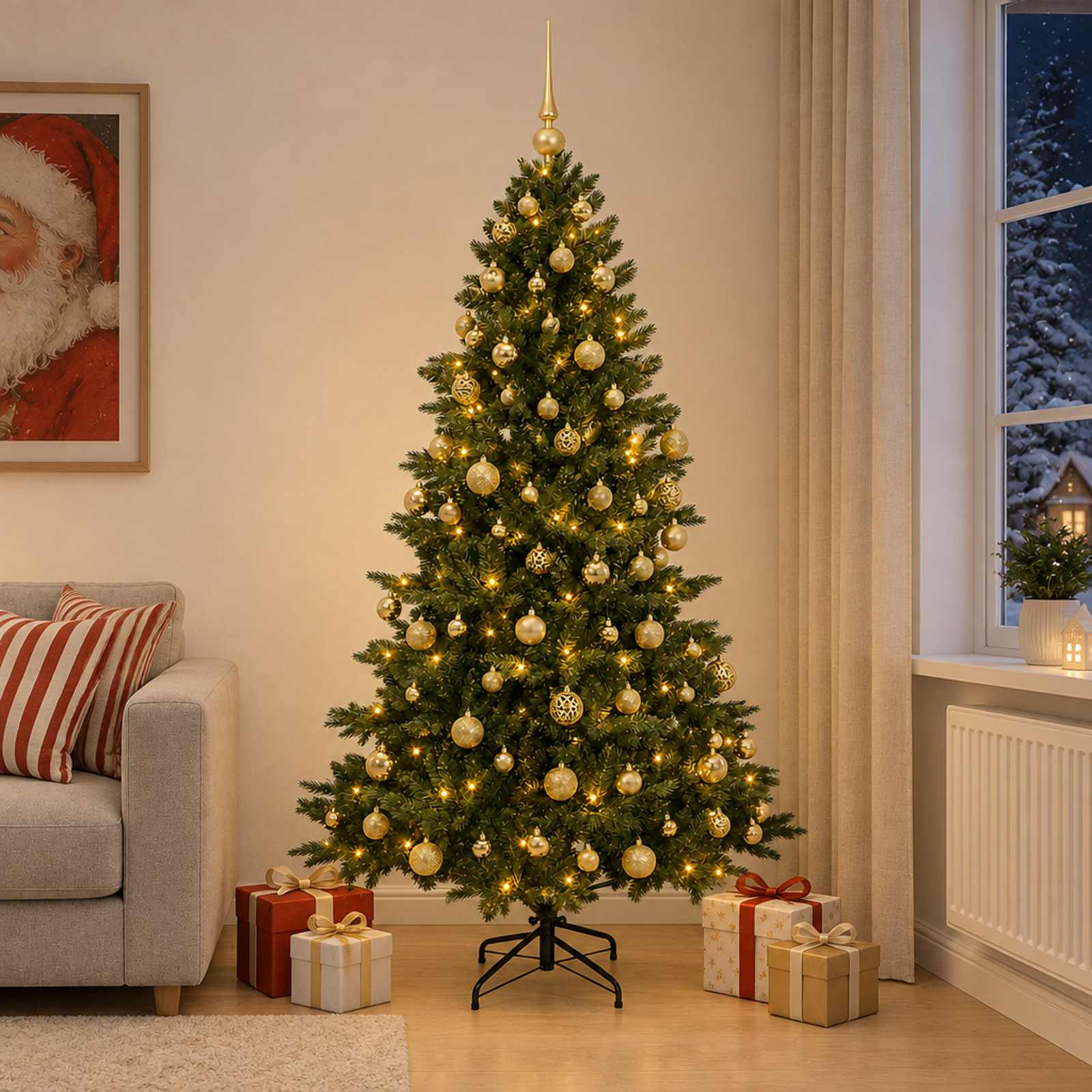 Umetna božična jelka z bučko 180 cm 300 LED Toplo bela