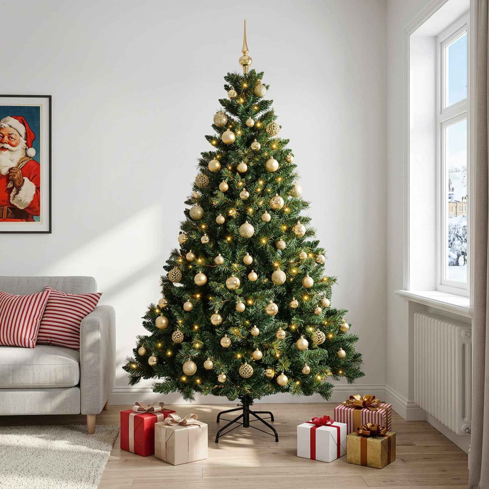 vidaXL Muovinen joulukuusi koristeilla 210 cm 300 LEDiä