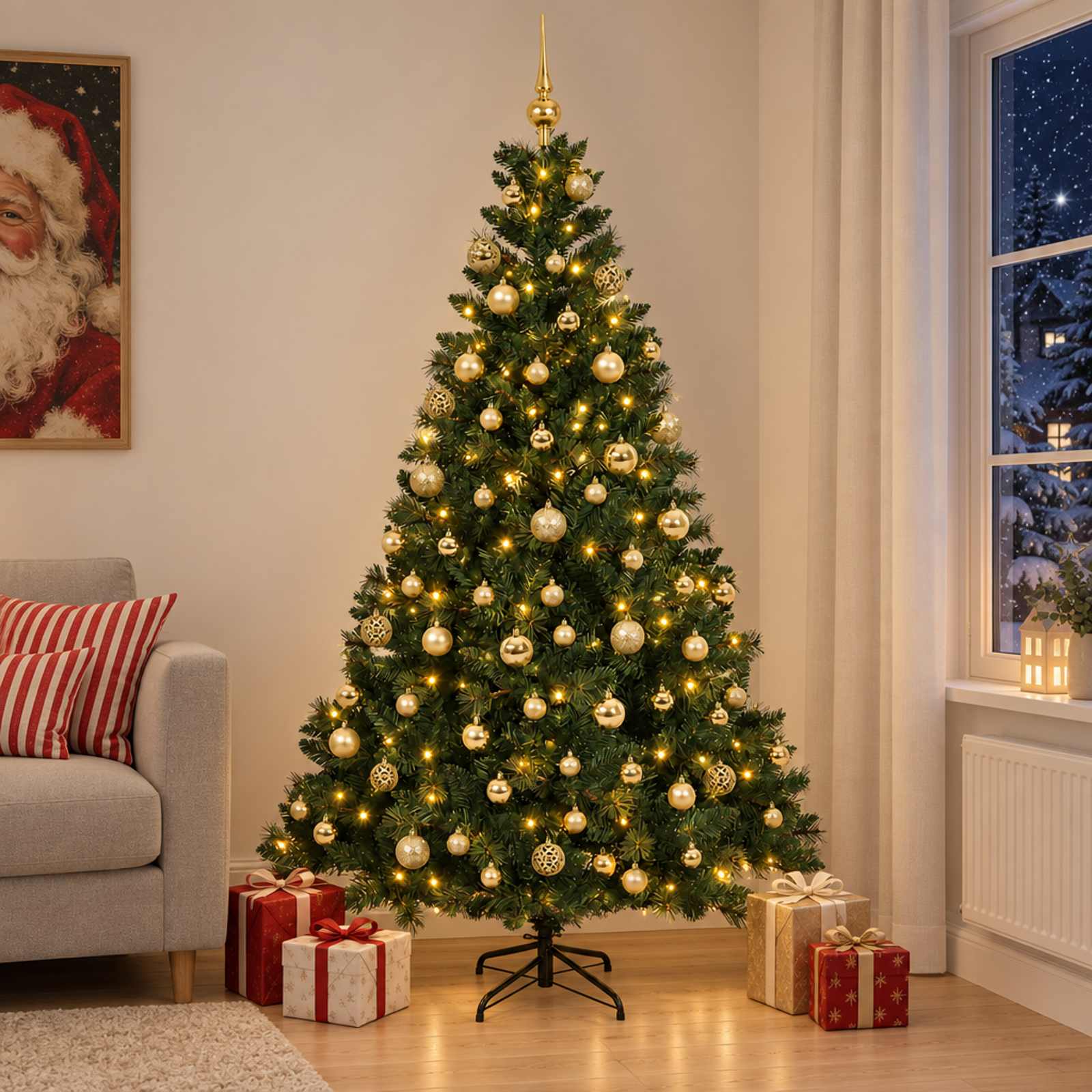 Umjetno božično drevo z okrasnimi kroglami 180 cm 300 LED