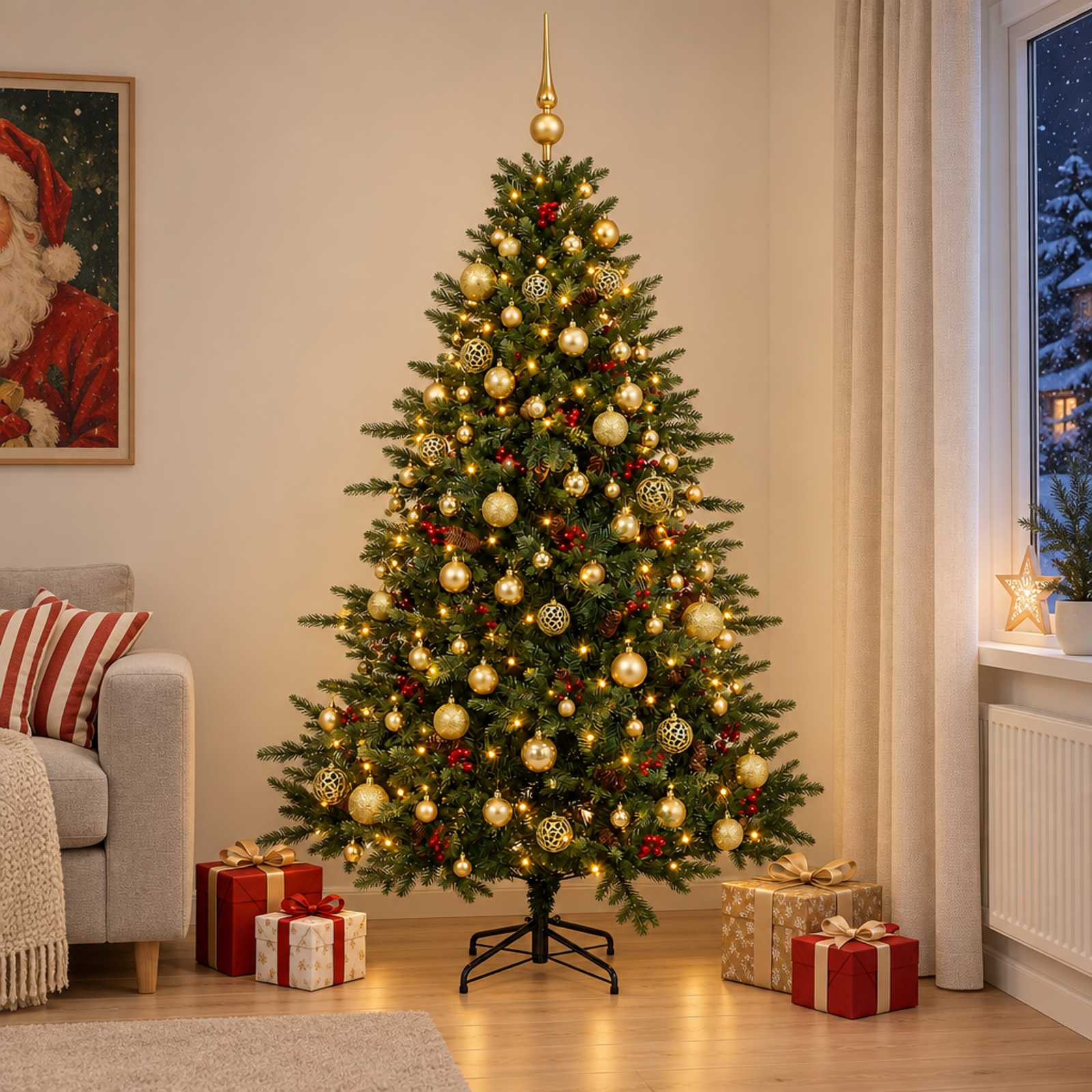 vidaXL Kunstigt juletræ med julekugle 210 cm 300 LED'er Varm hvid