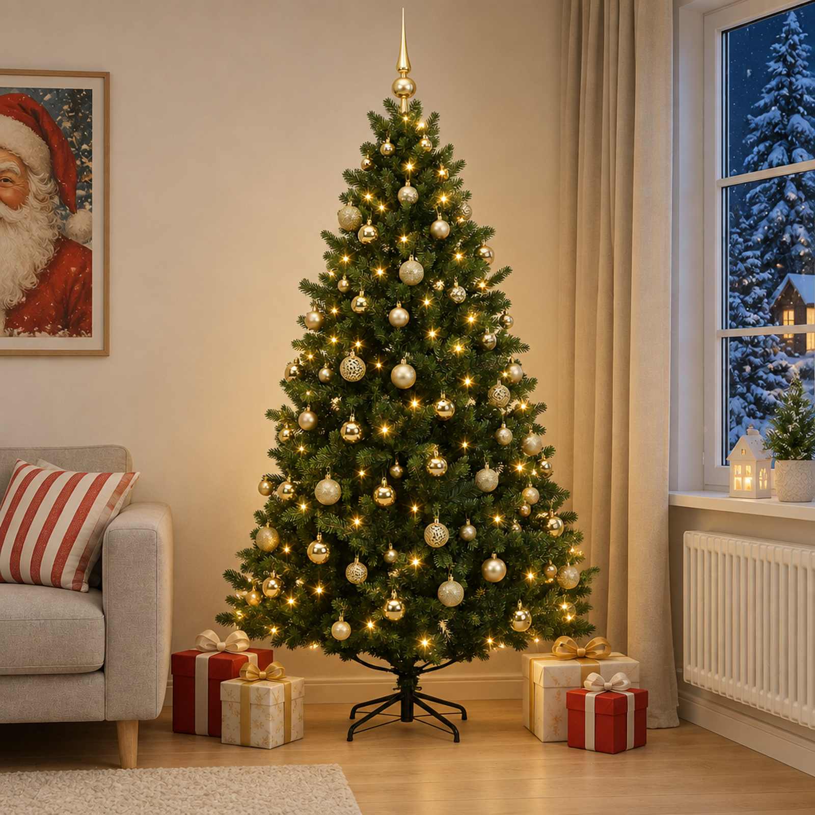 Umetna božična jelka z bučko 210 cm 300 LED Toplo bela