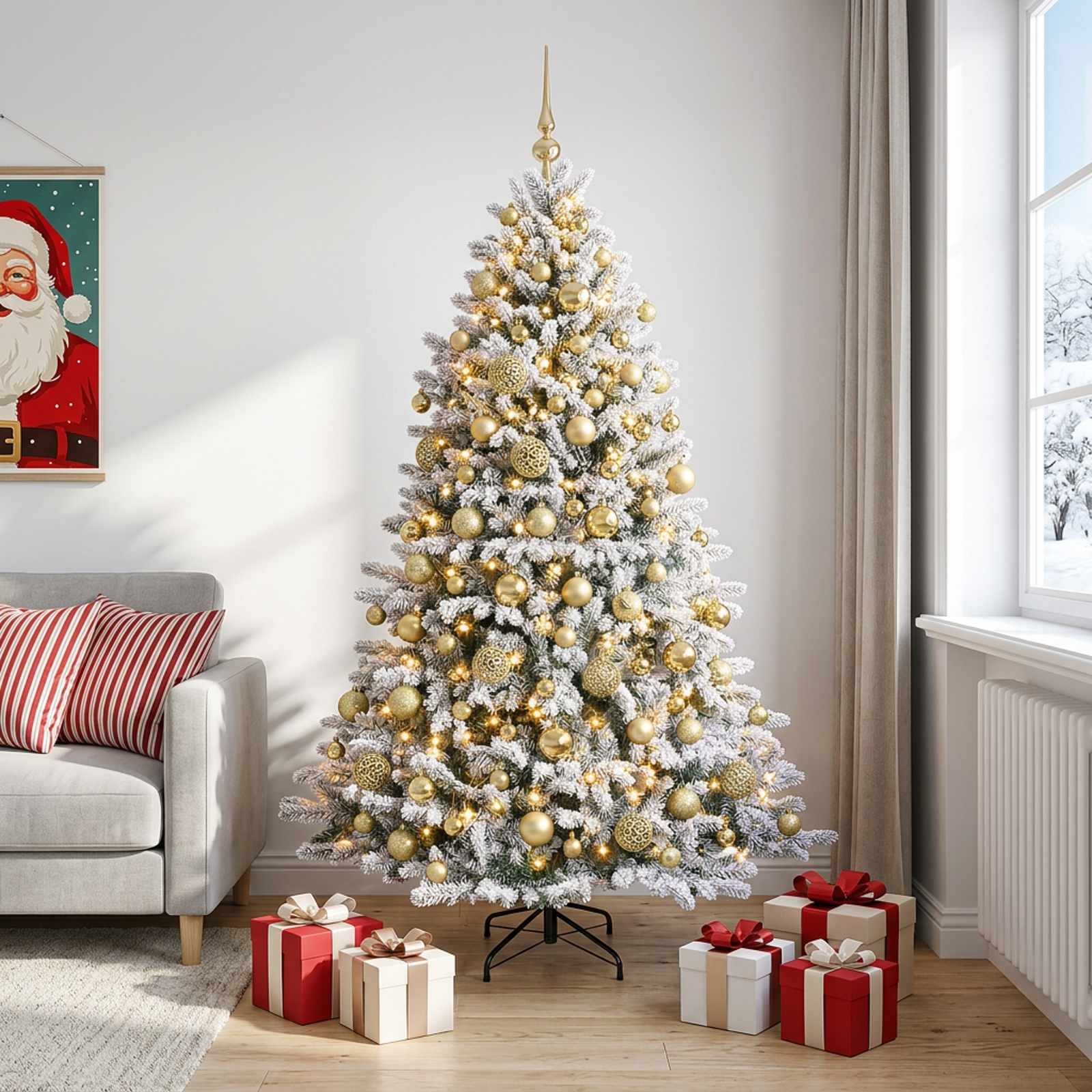 vidaXL Kunstig juletræ med kugler 240 cm 300 LED'er Varm hvid