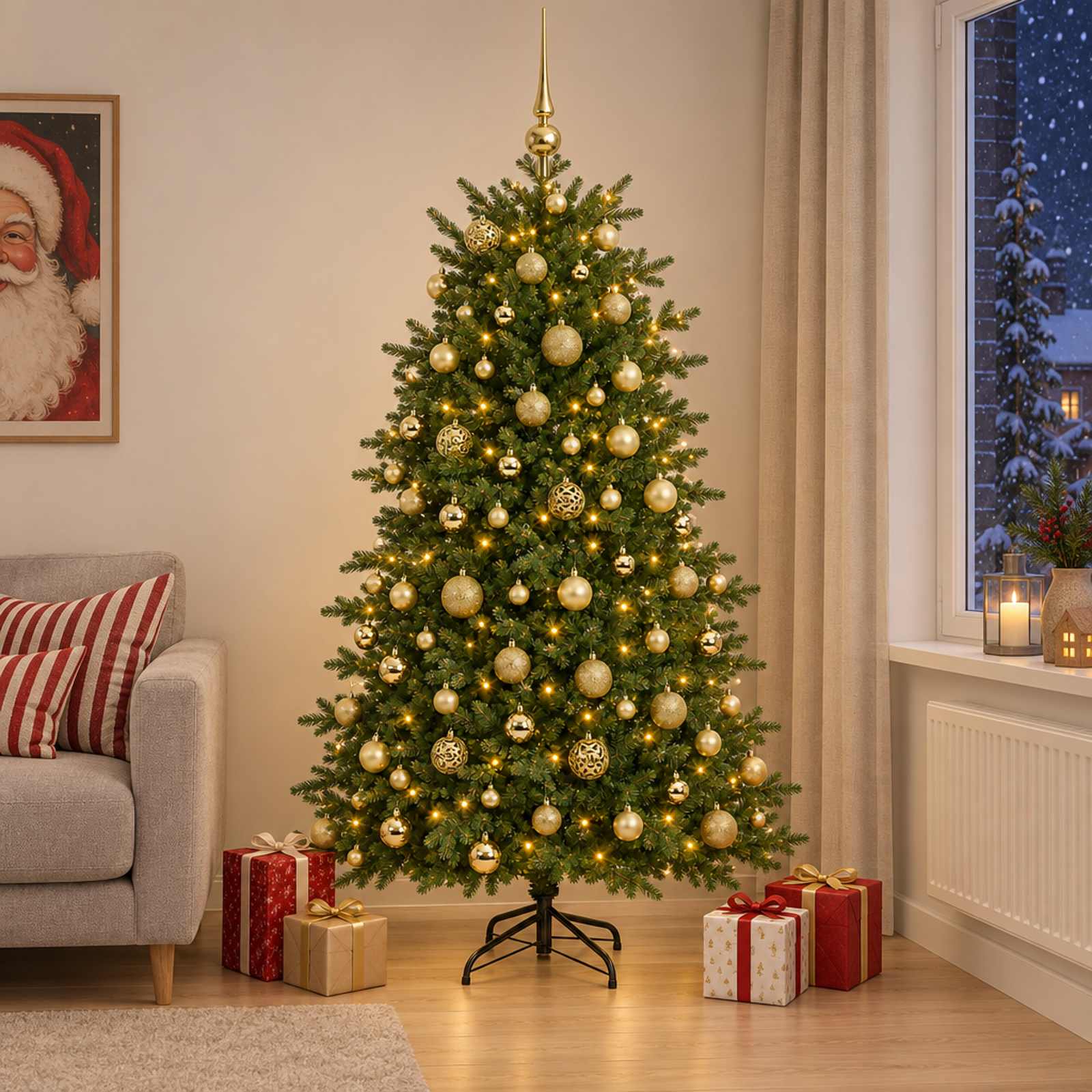 Umetna božična jelka z bučko 210 cm 300 LED Toplo bela