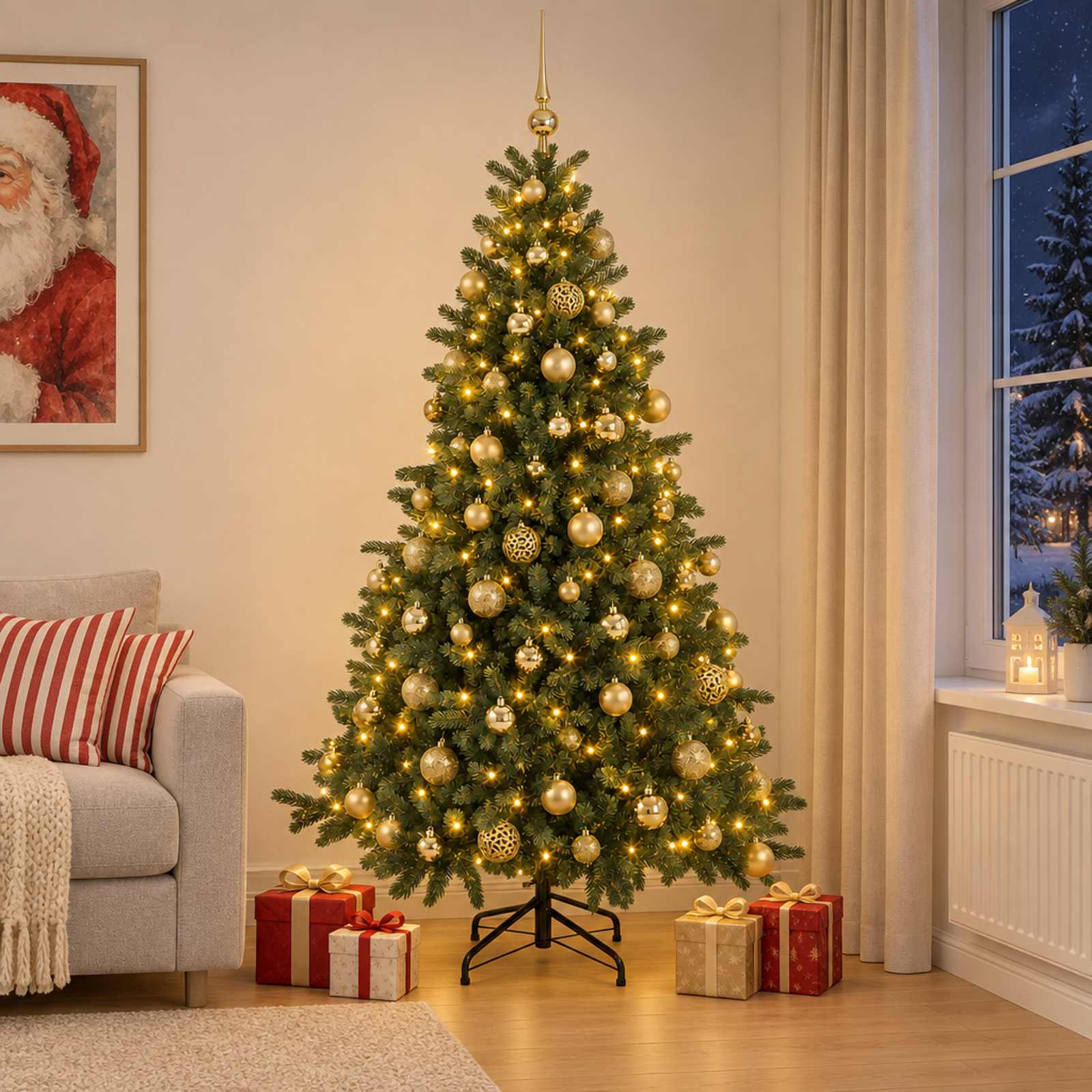 Umetna božična jelka z bučko 210 cm 300 LED Toplo bela