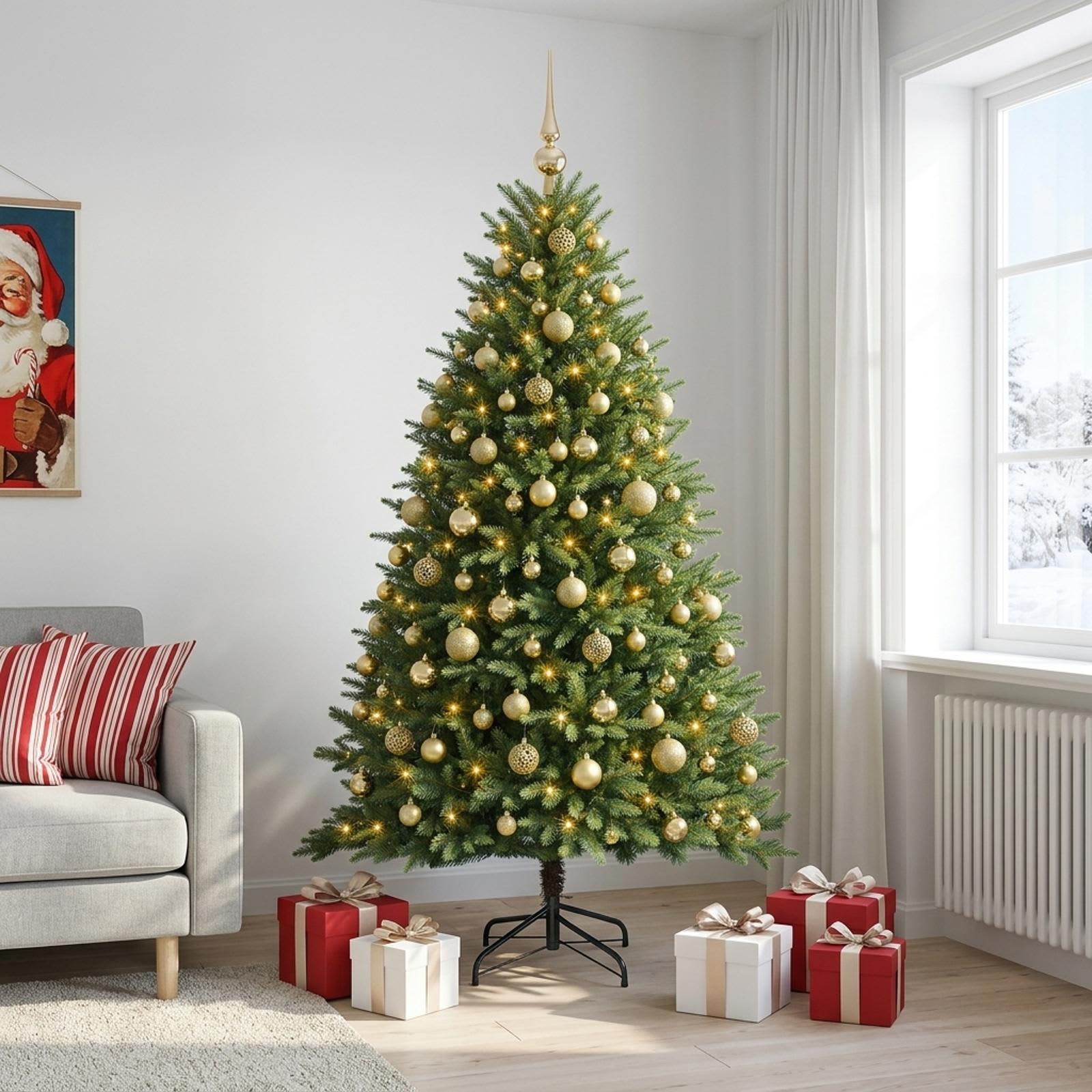 vidaXL Muovinen joulukuusi koristeilla 240 cm 300 LEDiä
