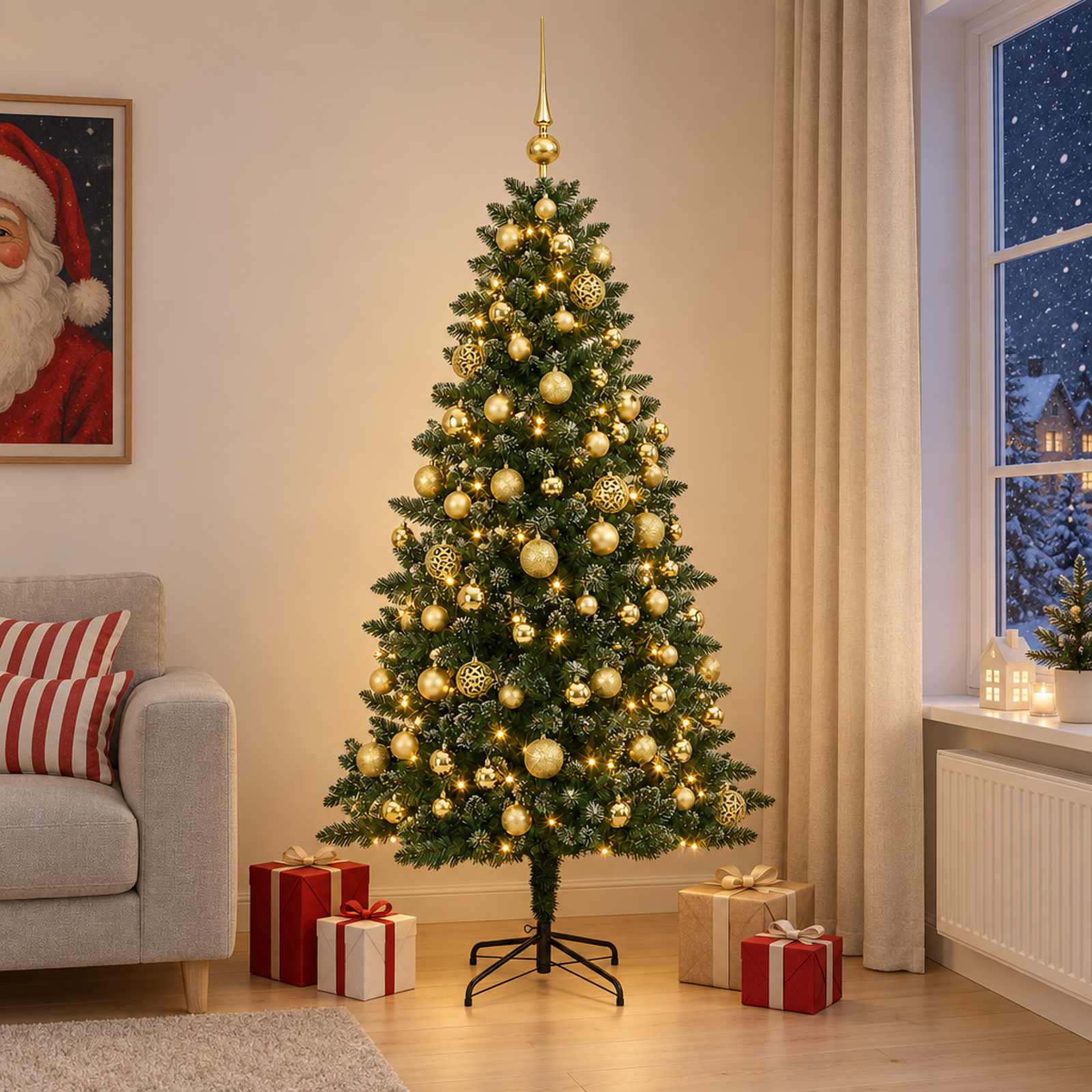 Umjetno božično drevo z okrasnimi kroglami 210 cm 300 LED