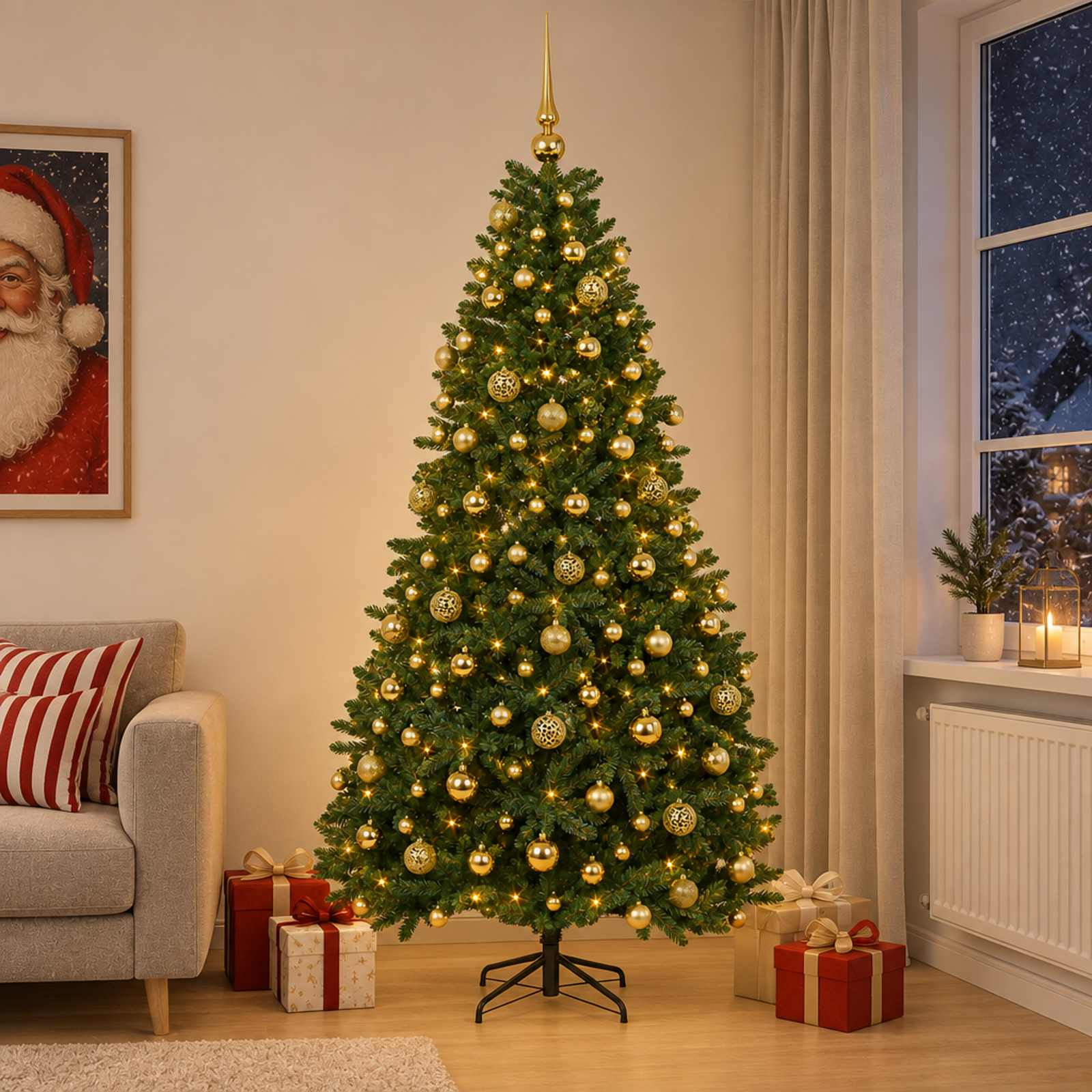 vidaXL Kunstigt juletræ mellemgrønt med julekugle 210 cm 300 LED'er