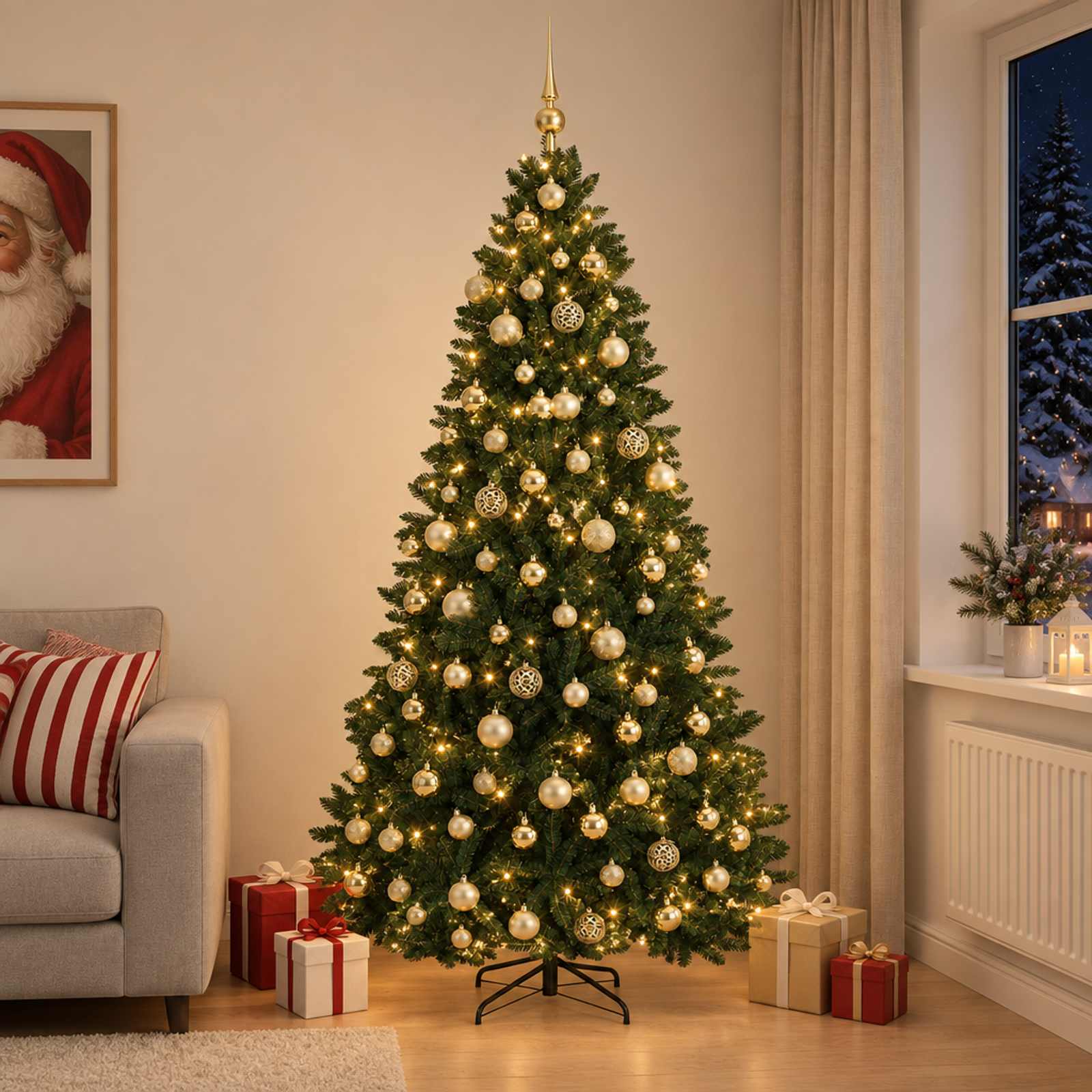 vidaXL Kunstigt juletræ, mørkegrønt, med julekugler 210 cm 300 LED'er