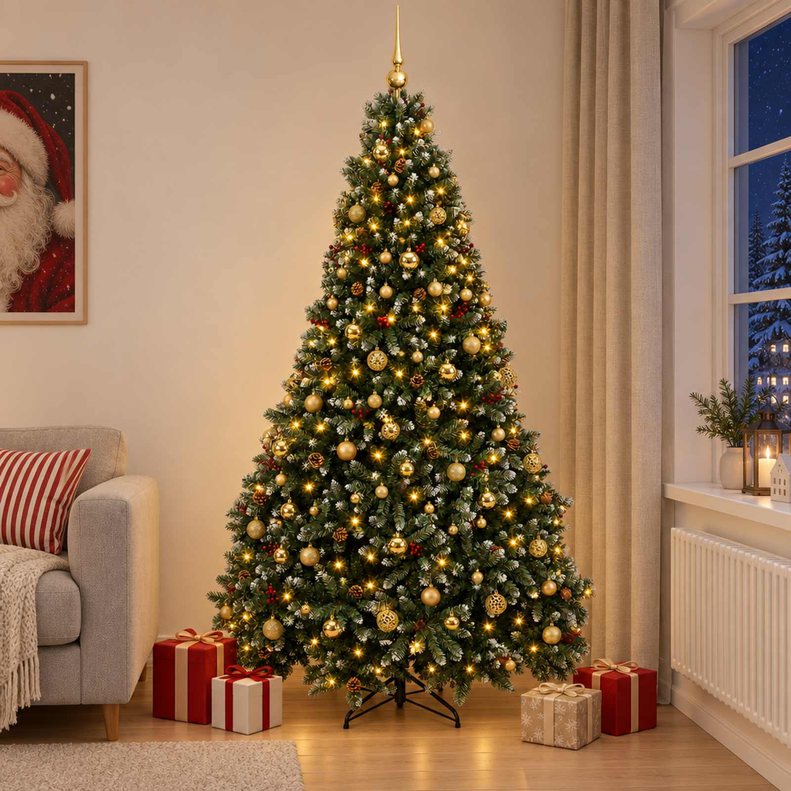 Umetno božično drevo, zeleno, z okraski 210 cm 300 LED