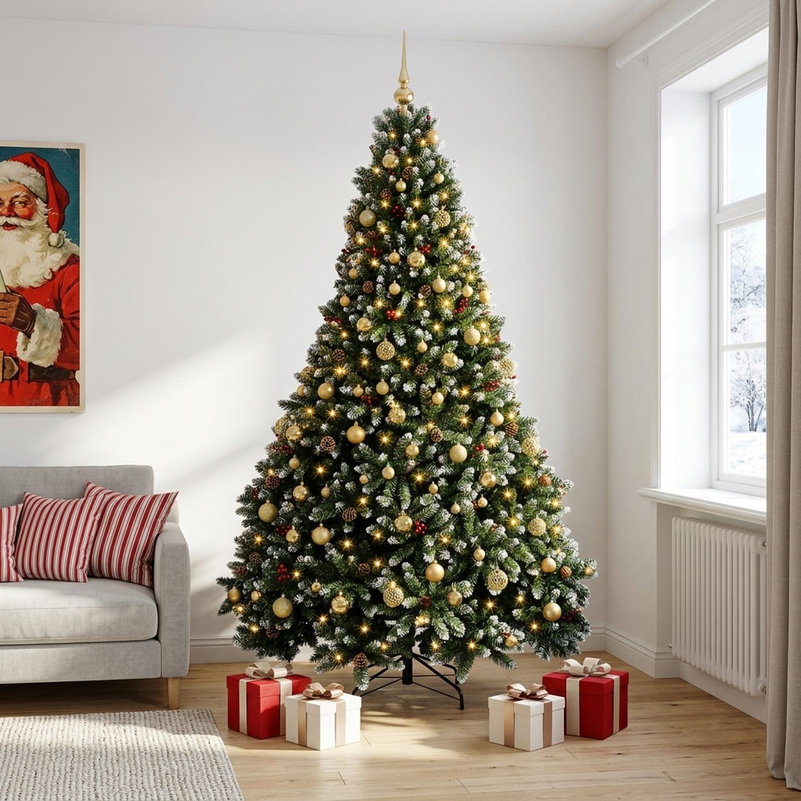 Umetno božično drevo, zeleno, z okraski 210 cm 300 LED