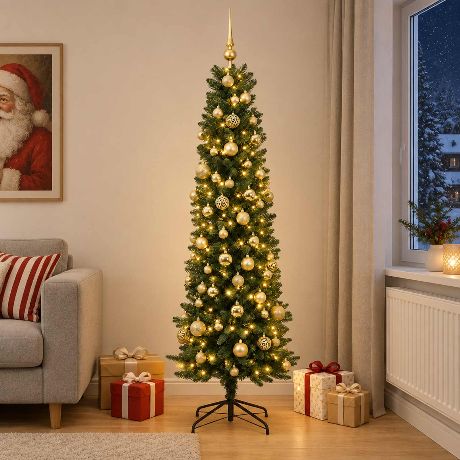 vidaXL Kunstigt slankt juletræ med julekugle 210 cm 300 LED'er
