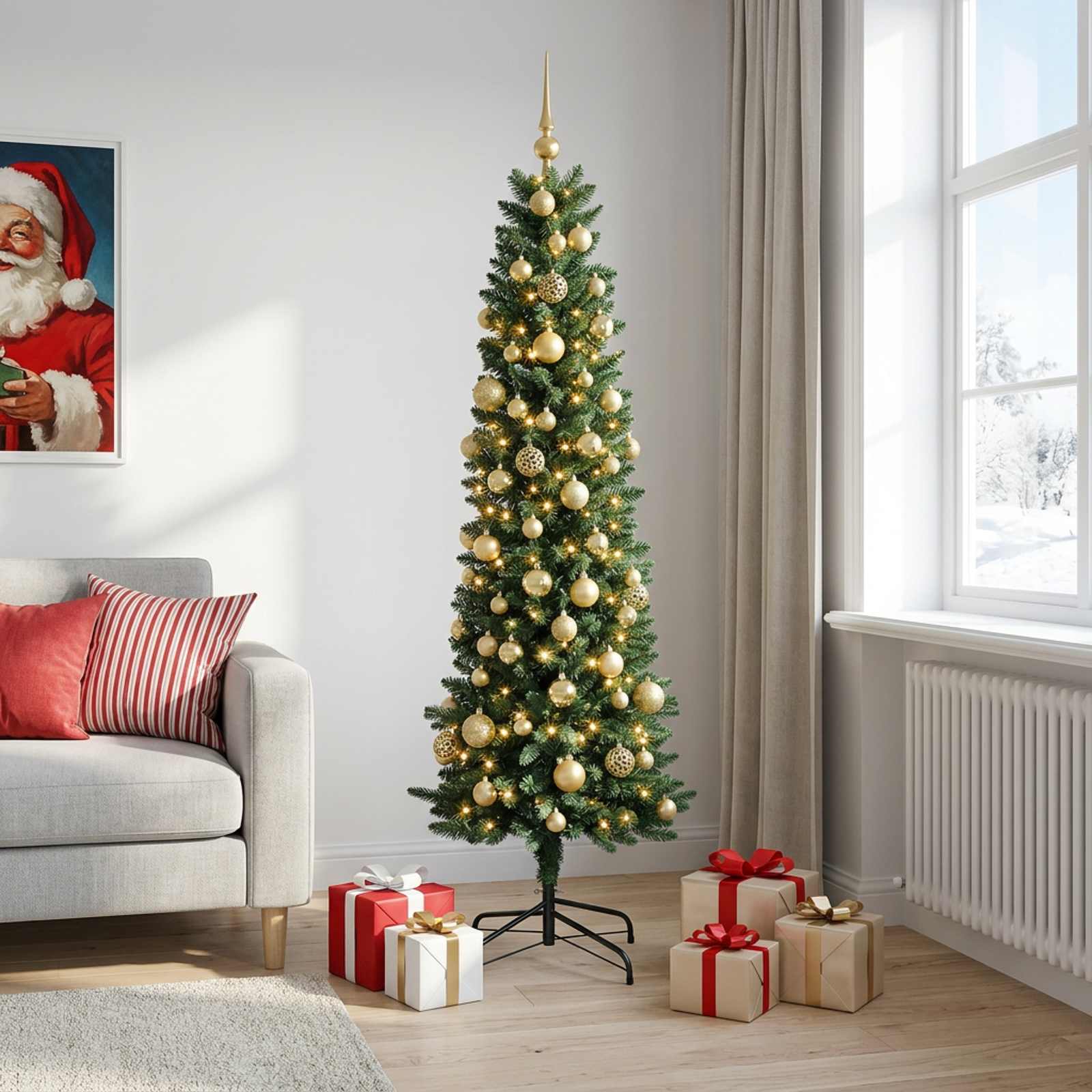Umetno ozko božično drevesce z božično kroglico 210 cm 300 LED