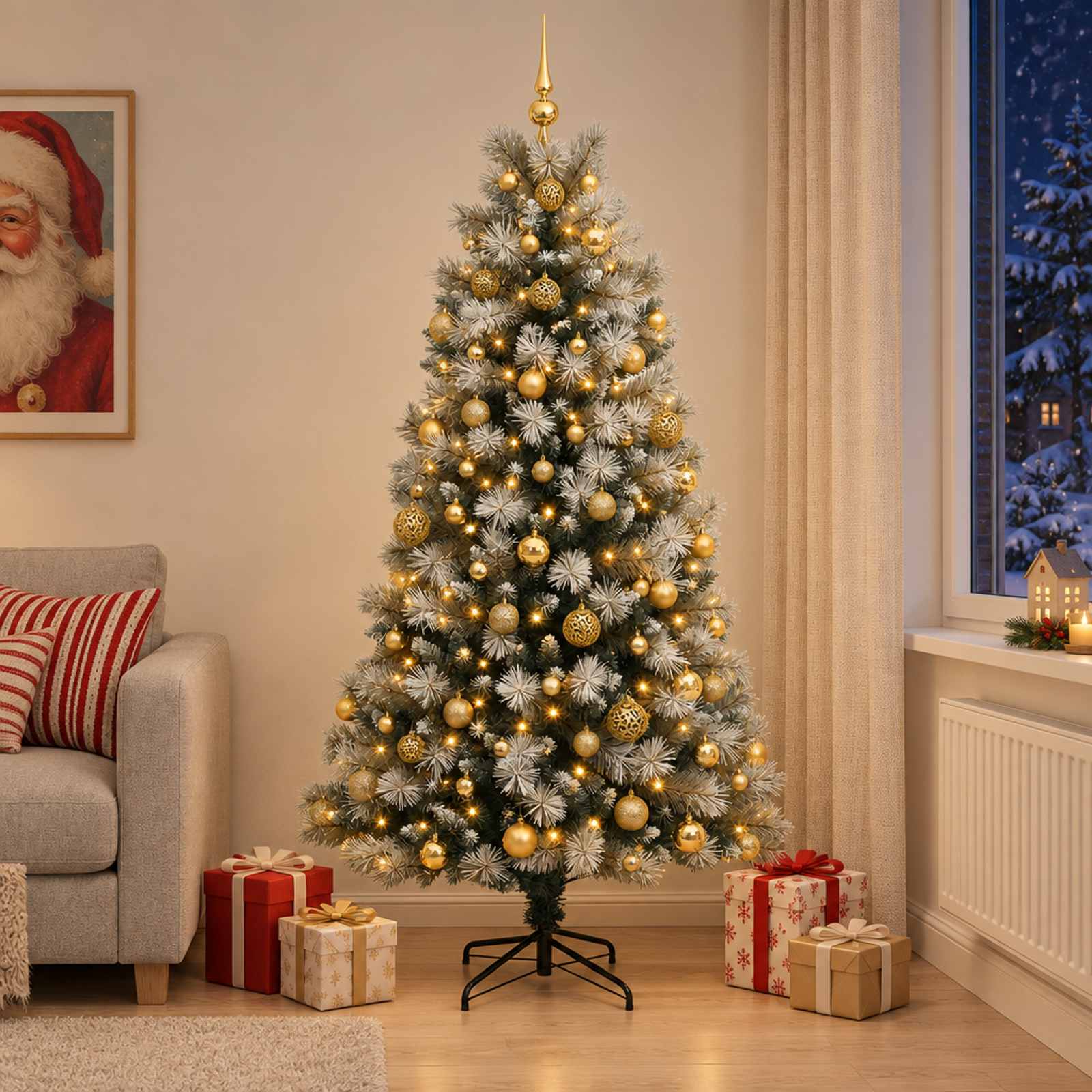 vidaXL Kunstigt hængslet juletræ med julekugler 210 cm 300 LED'er