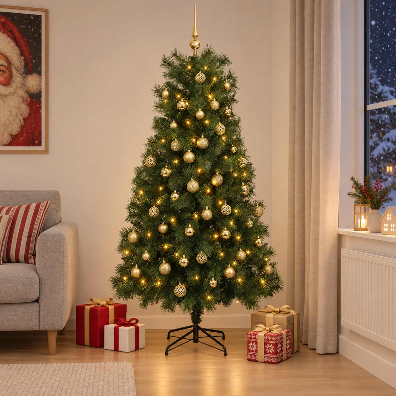 vidaXL Kunstigt hængslet juletræ med julekugler 210 cm 300 LED'er