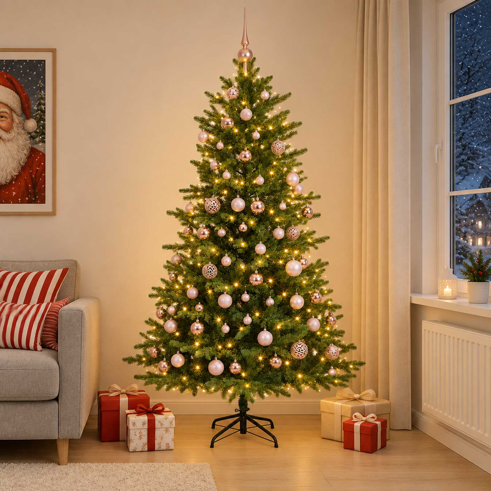 Umjetno božično drevo z okrasnimi kroglami 210 cm 300 LED