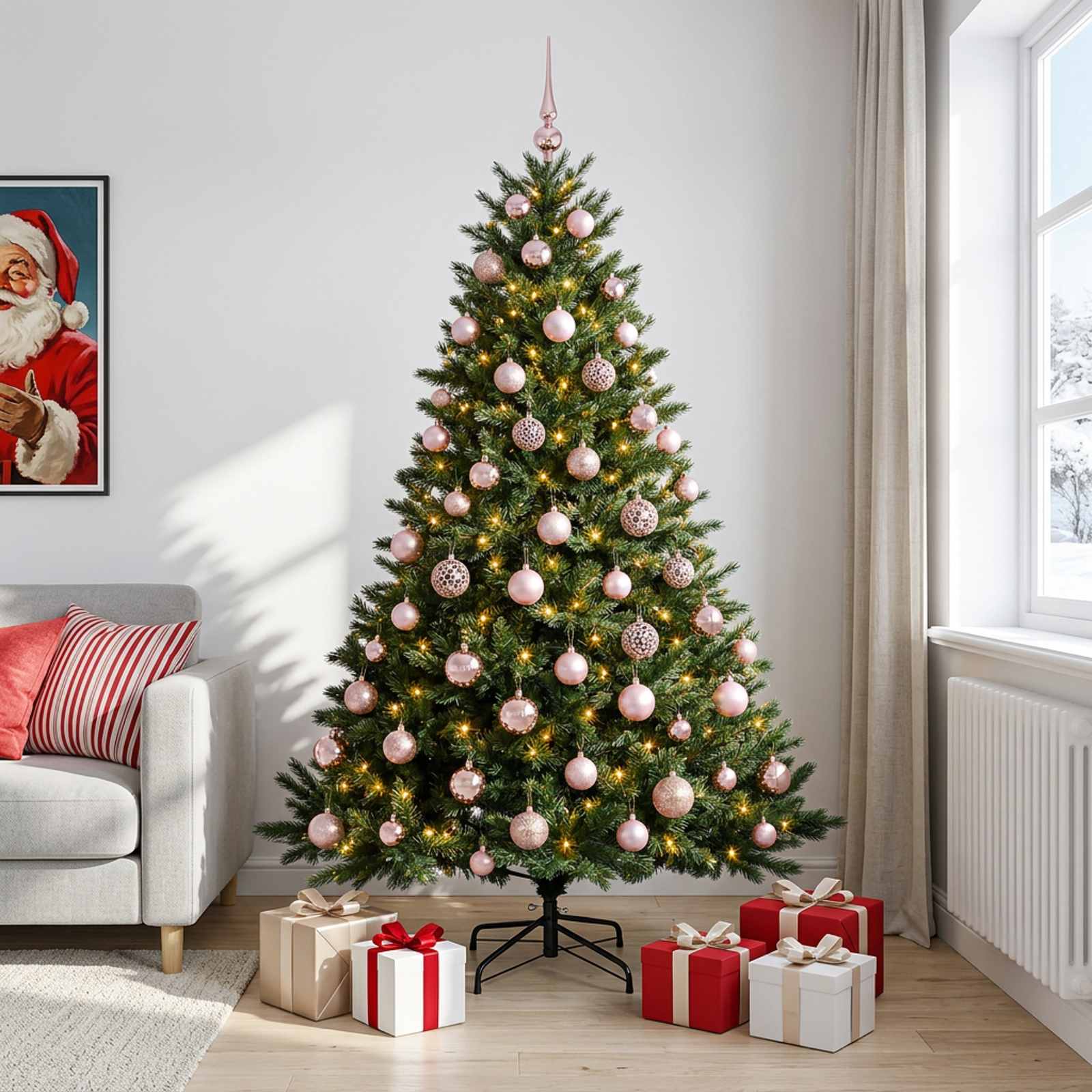 vidaXL Kunstig juletre med julekuler 180 cm 300 LED-lys Varmhvit