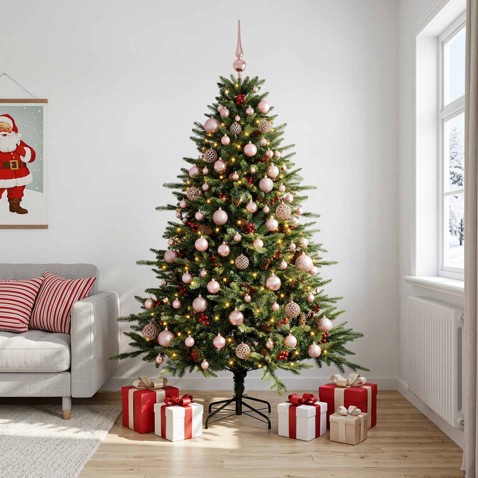 vidaXL Kunstig juletre med julekuler 240 cm 300 LED-lys Varmhvit