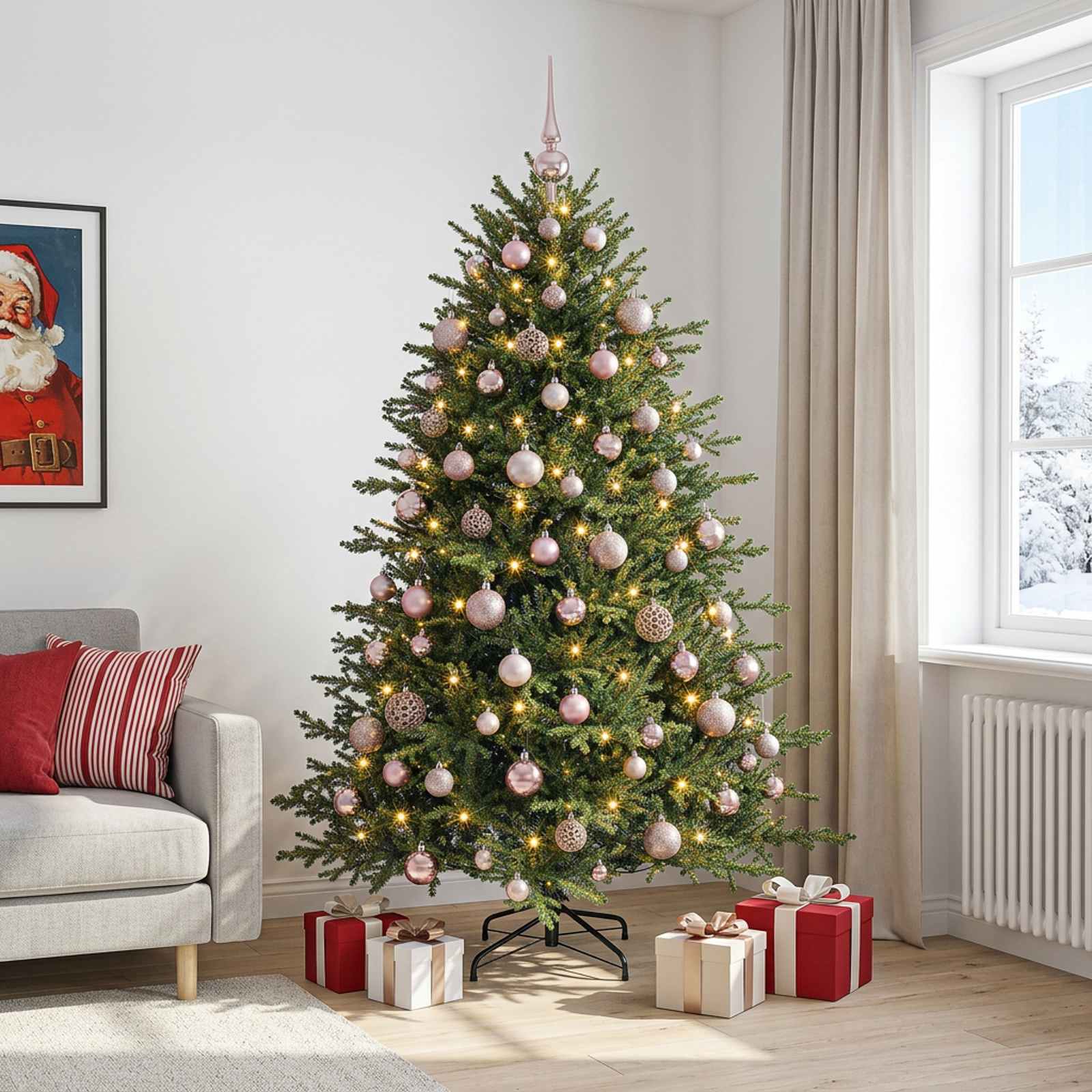 vidaXL Kunstig juletre med julekuler 240 cm 300 LED-lys Varmhvit