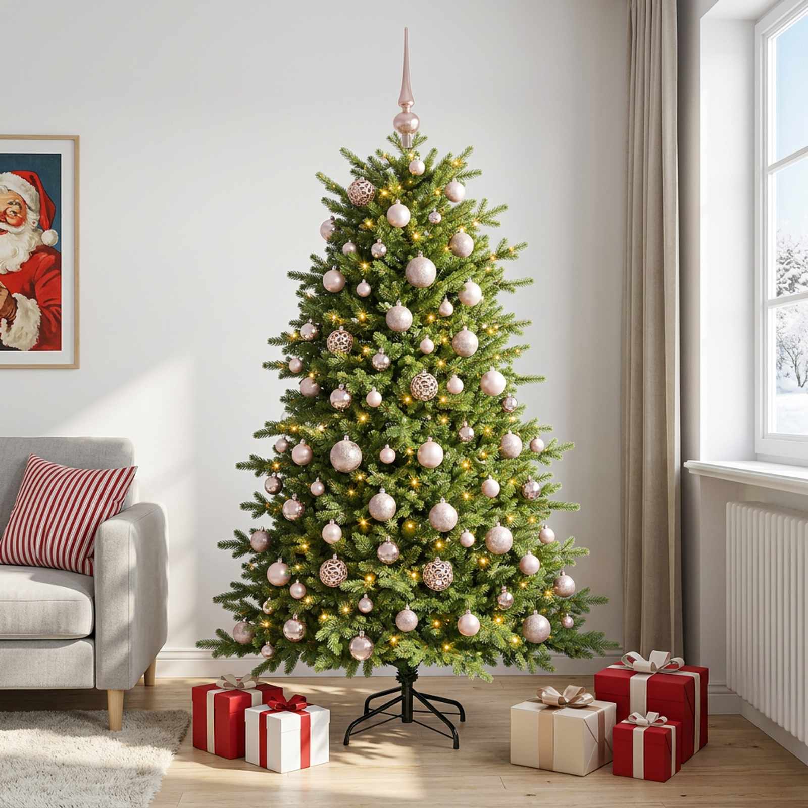 vidaXL Kunstig juletre med julekuler 210 cm 300 LED-lys Varmhvit
