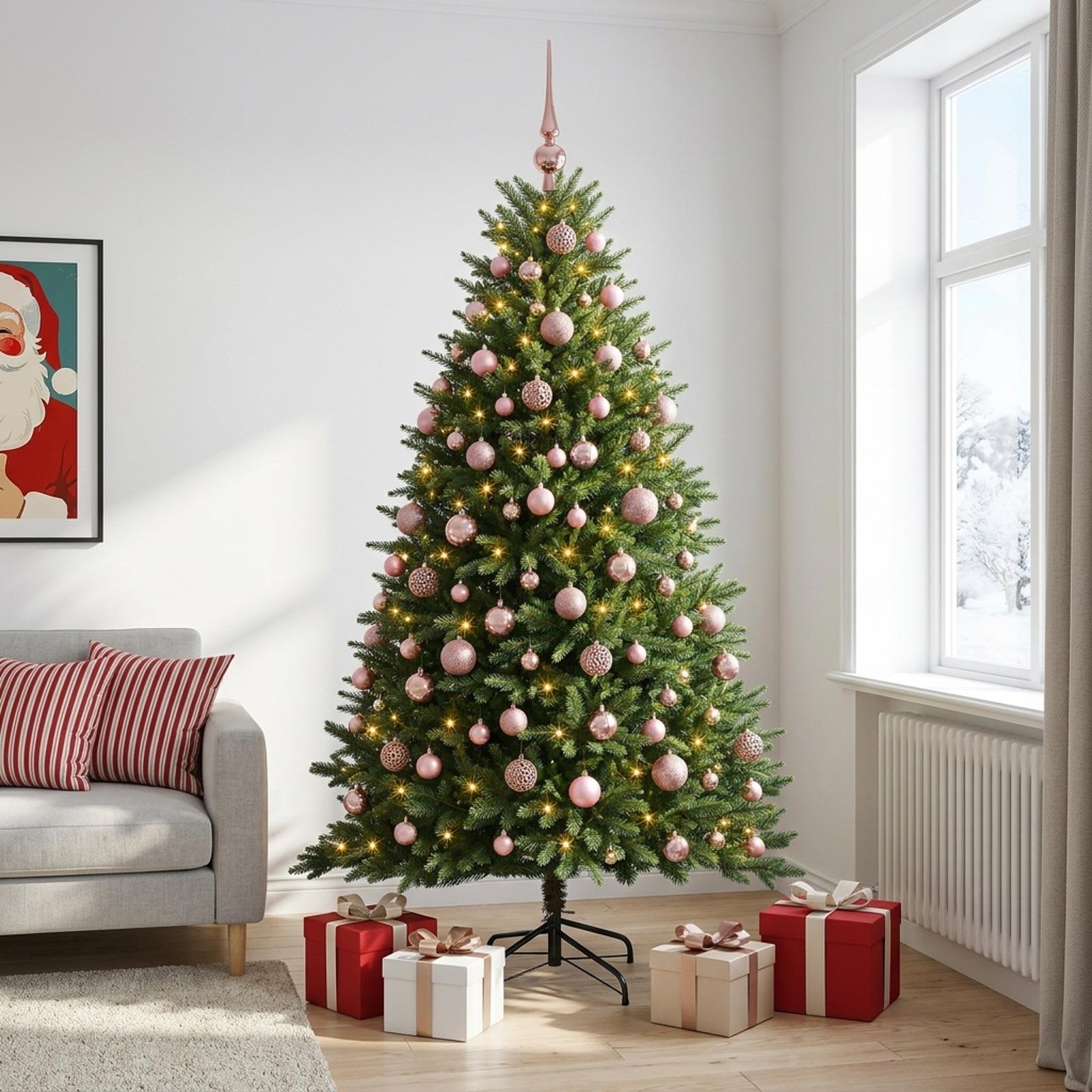 vidaXL Muovinen joulukuusi koristeilla 240 cm 300 LEDiä