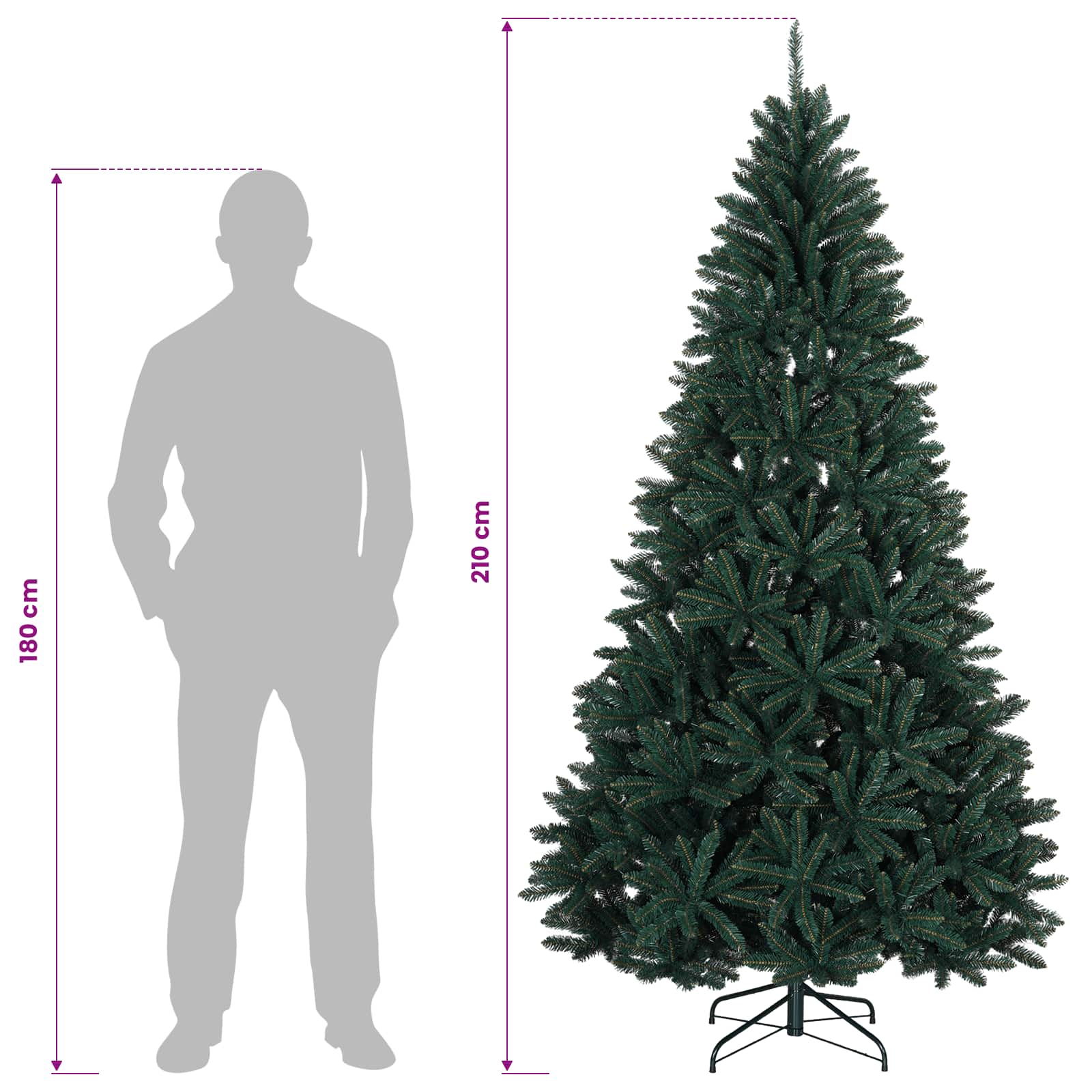 Umetna novoletna jelka temno zelena z okraski 210 cm 300 LED