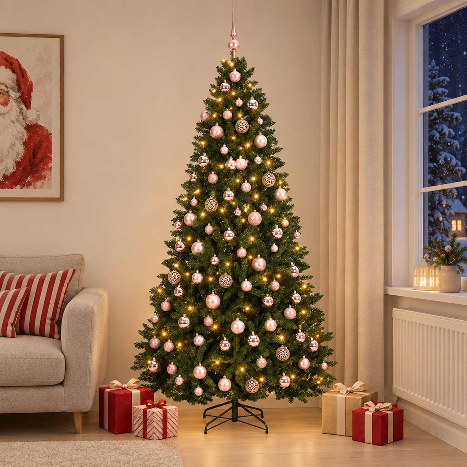 Umetna novoletna jelka temno zelena z okraski 210 cm 300 LED