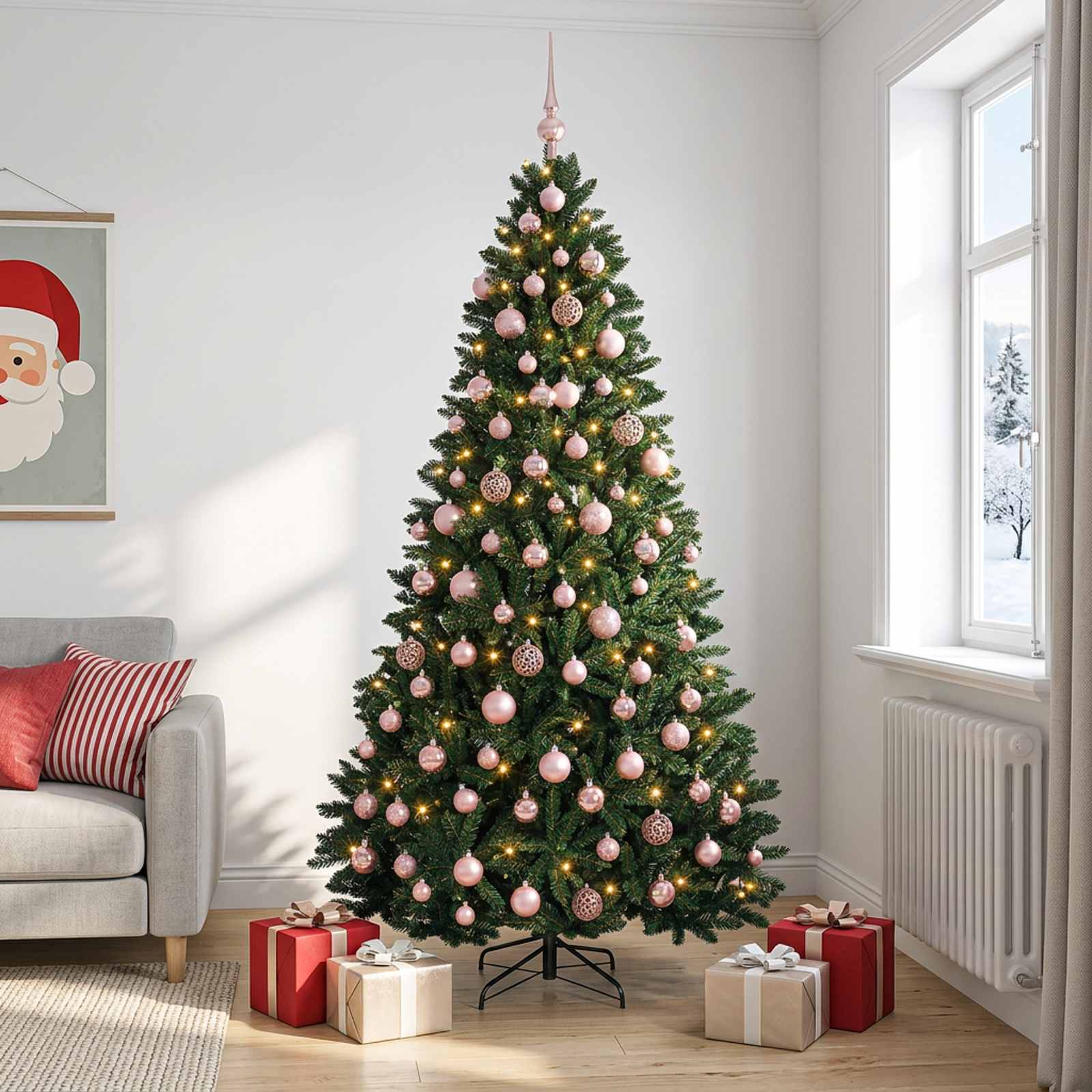 Umetna novoletna jelka temno zelena z okraski 210 cm 300 LED