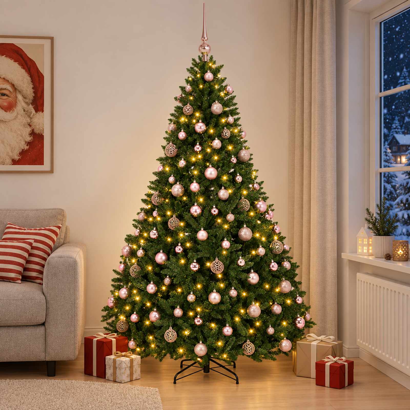 vidaXL Tekokuusi keskivihreä joulupalloilla 210 cm 300 LEDiä