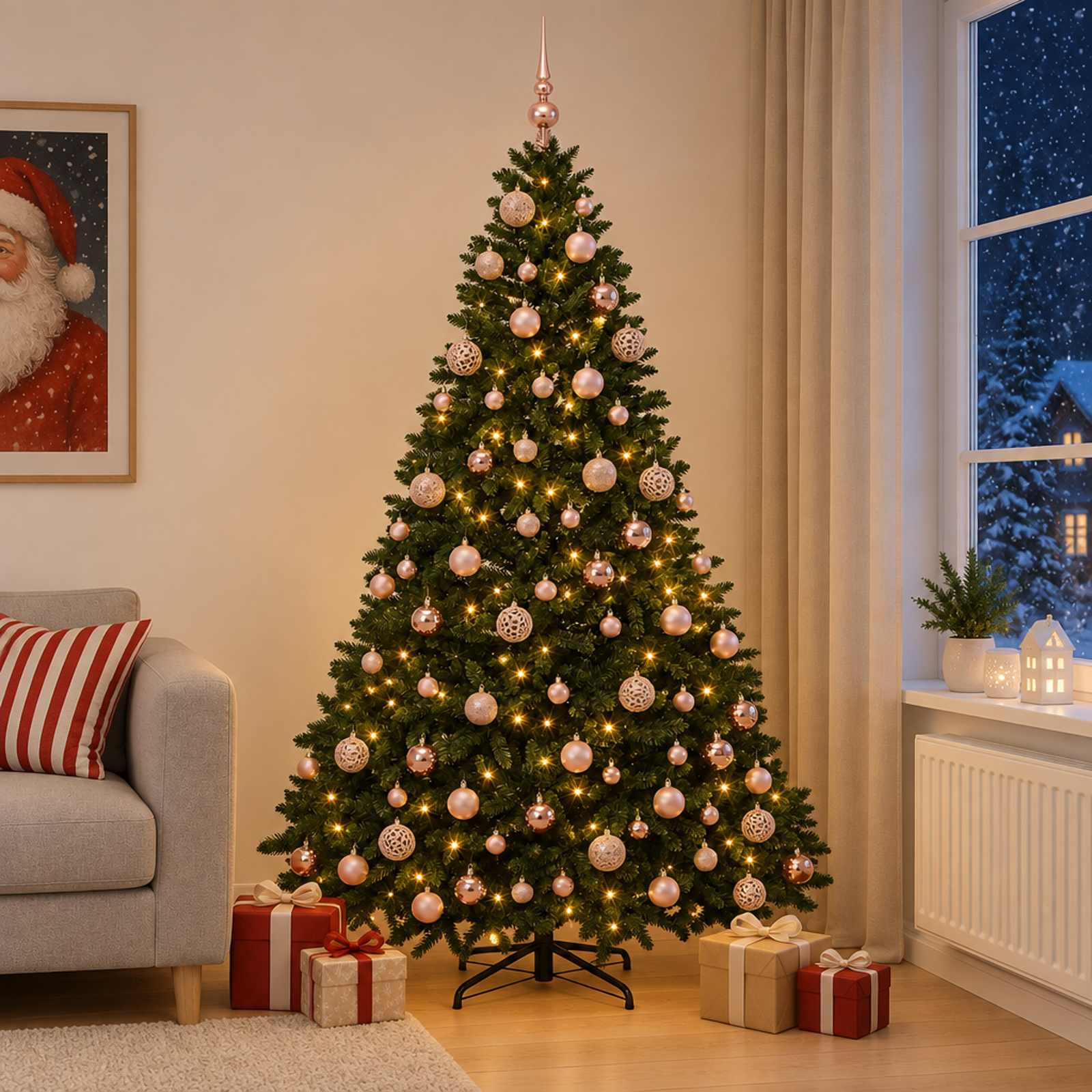 vidaXL Kunstigt mørkegrønt juletræ med julekugler 240 cm 300 LED'er