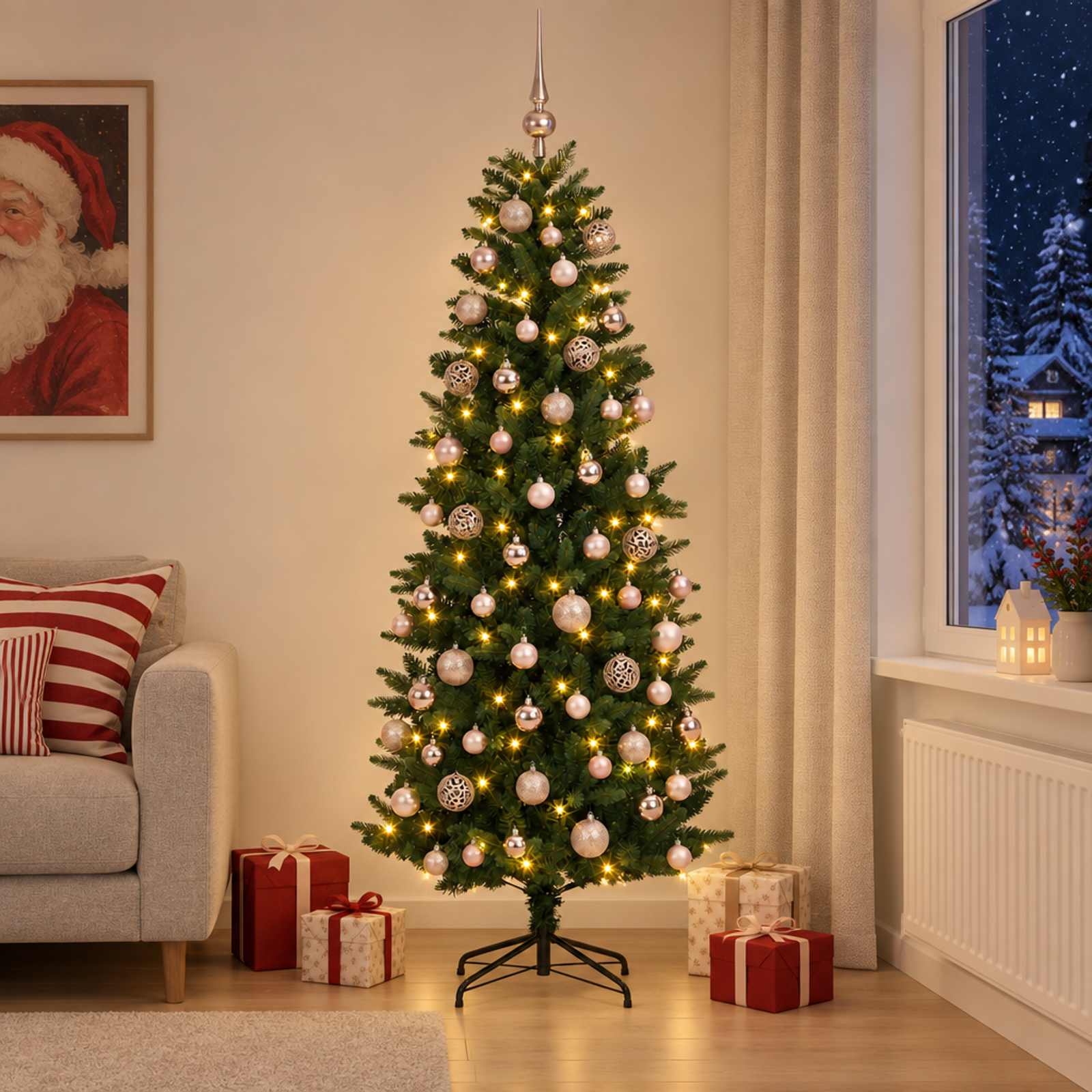 vidaXL Kunstig juletre med kuler 210 cm 300 LED-lys Varmhvit PE og PVC