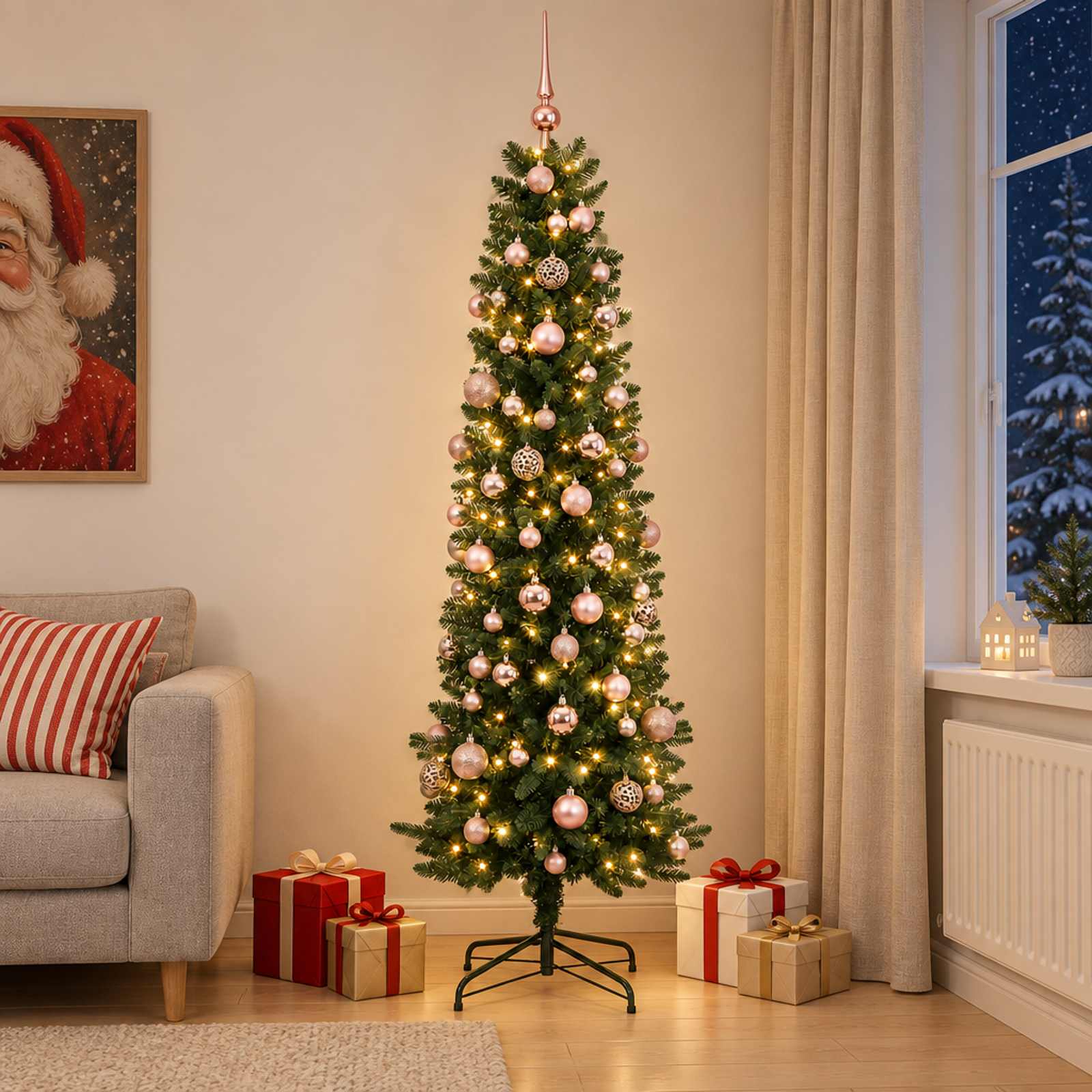 Umetno ozko božično drevesce z božično kroglico 210 cm 300 LED