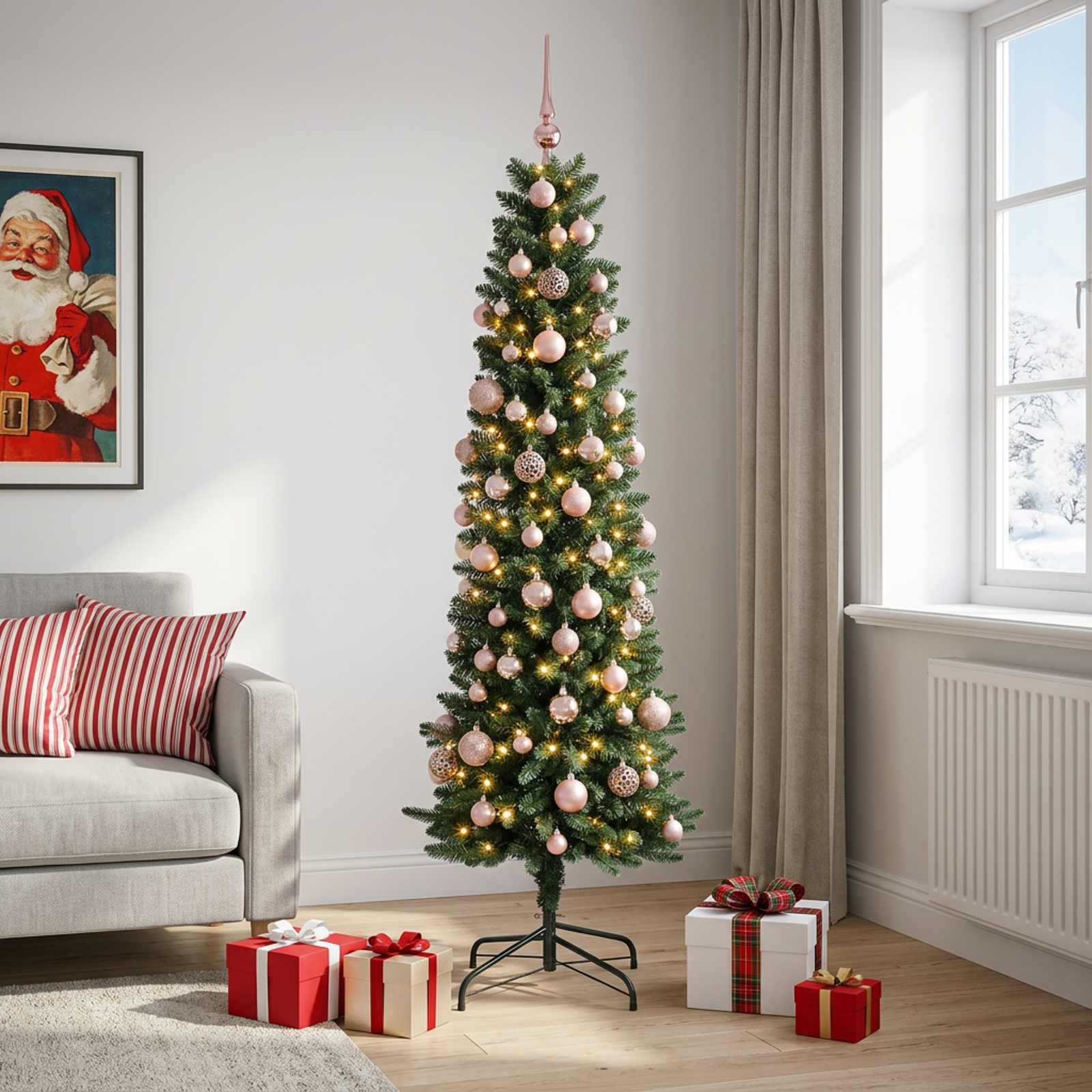 Umetno ozko božično drevesce z božično kroglico 210 cm 300 LED