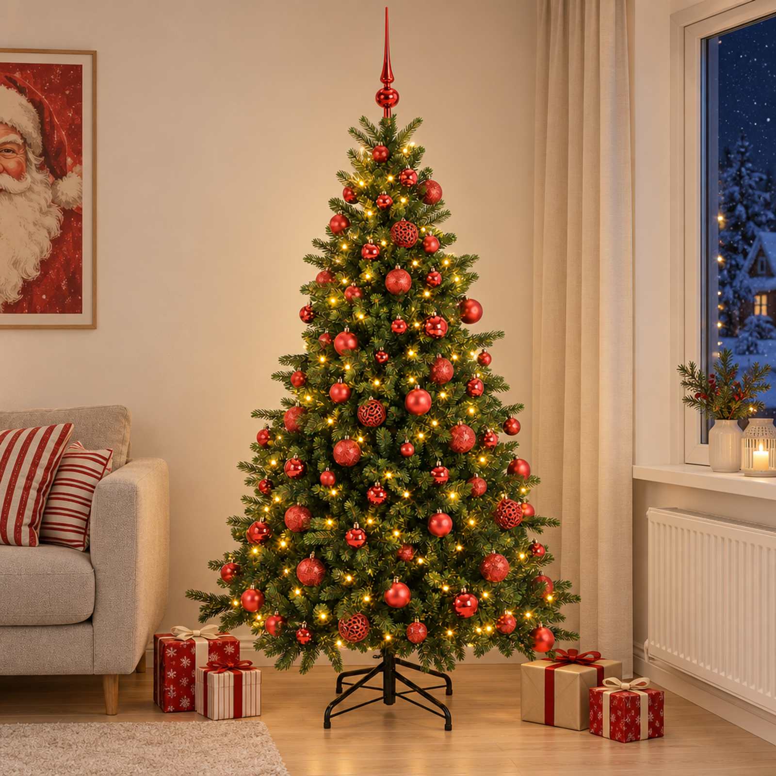 Umetna božična jelka z bučko 210 cm 300 LED Toplo bela
