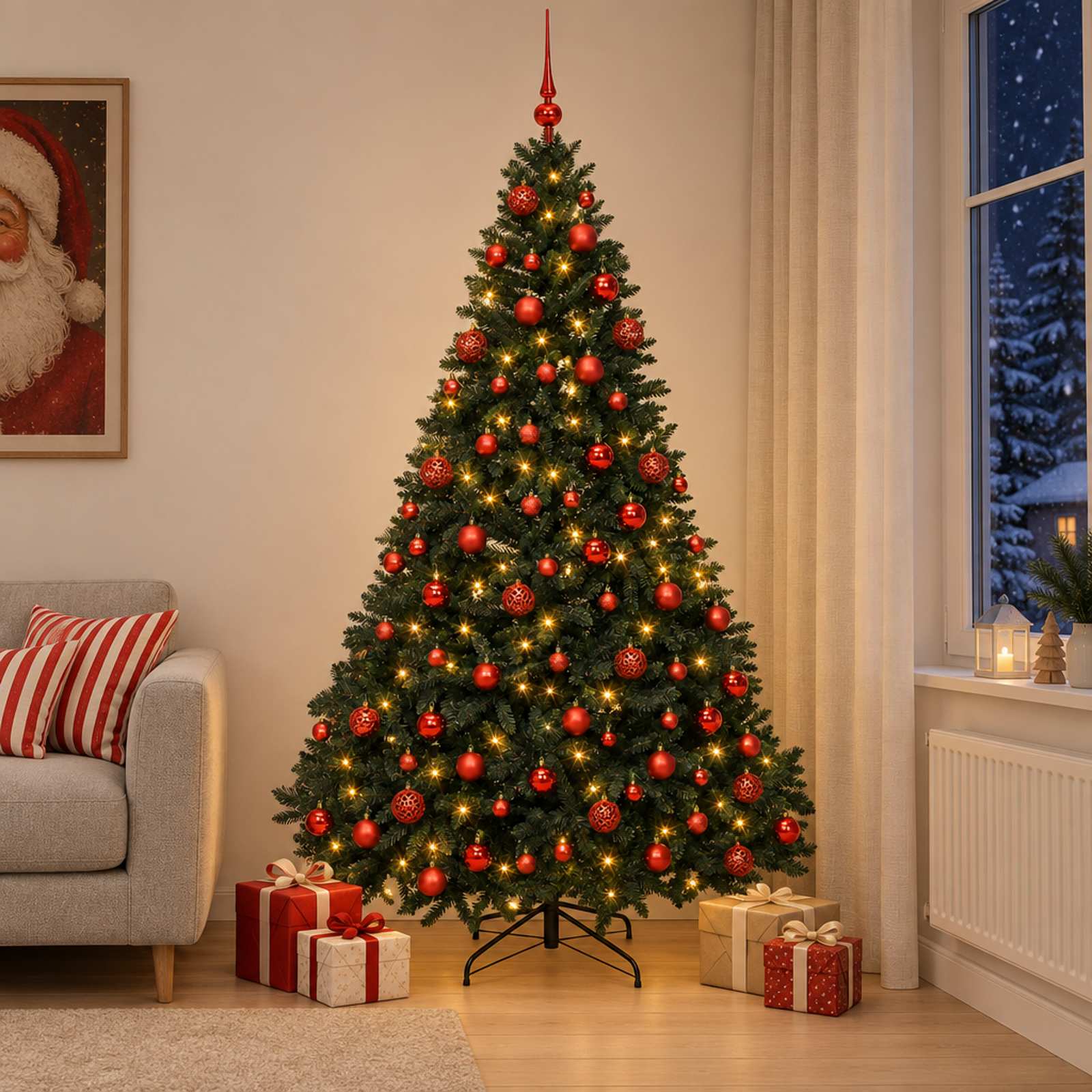 vidaXL Kunstigt juletræ mørkegrønt med julekugler 240 cm 300 LED'er