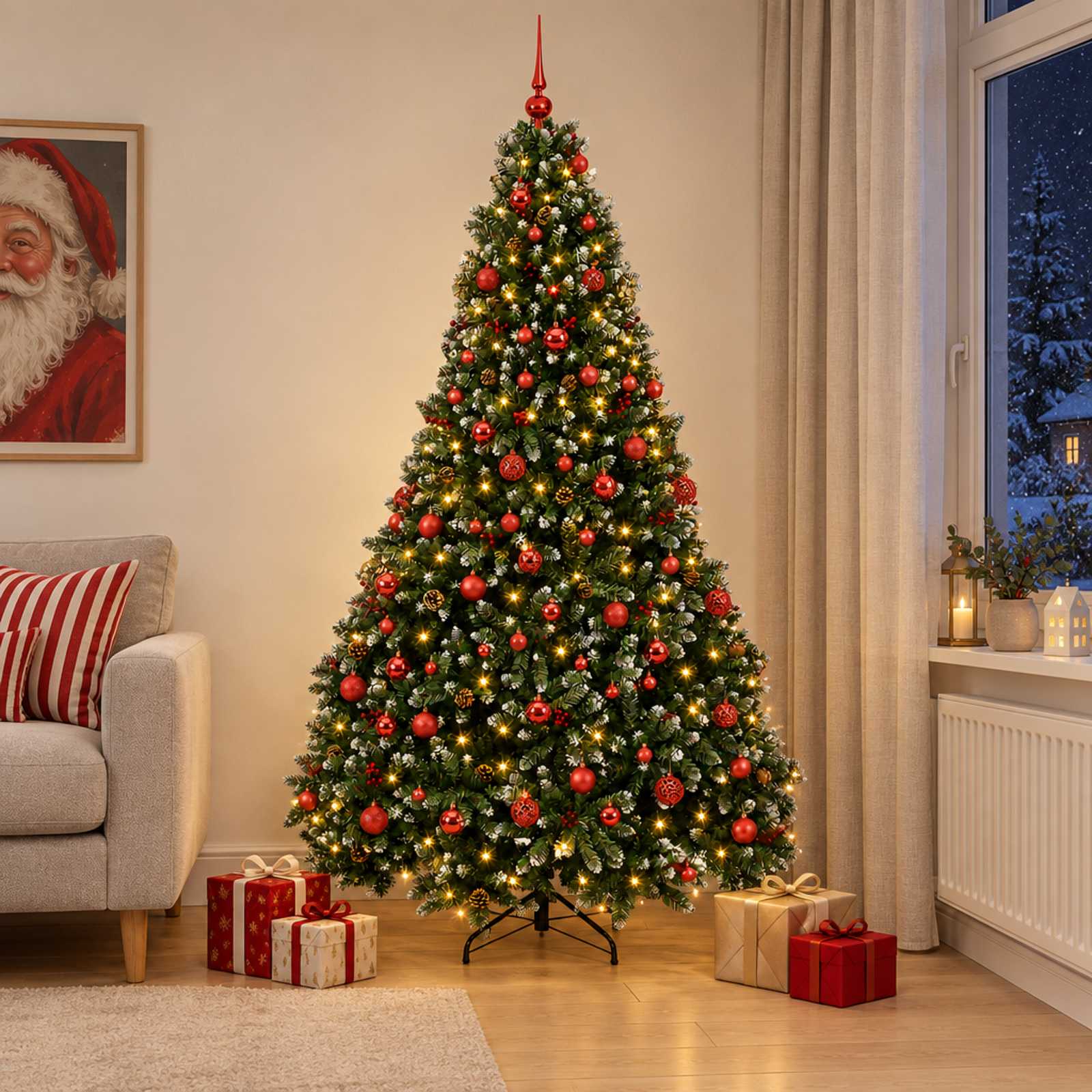 Umetna božična jelka zelena z okraski 210 cm 300 LED Toplo bela