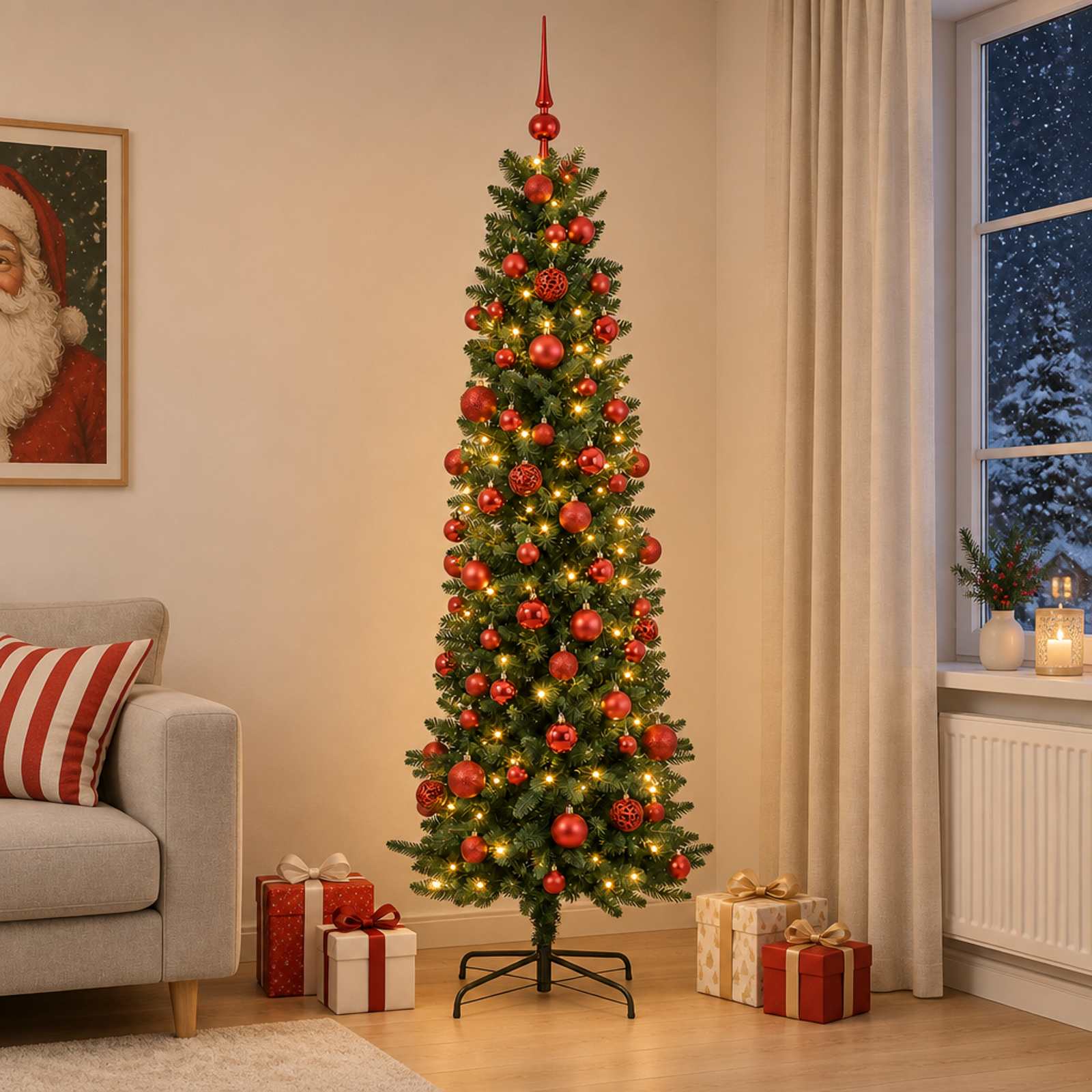 vidaXL Kunstigt slankt juletræ med julekugle 210 cm 300 LED'er