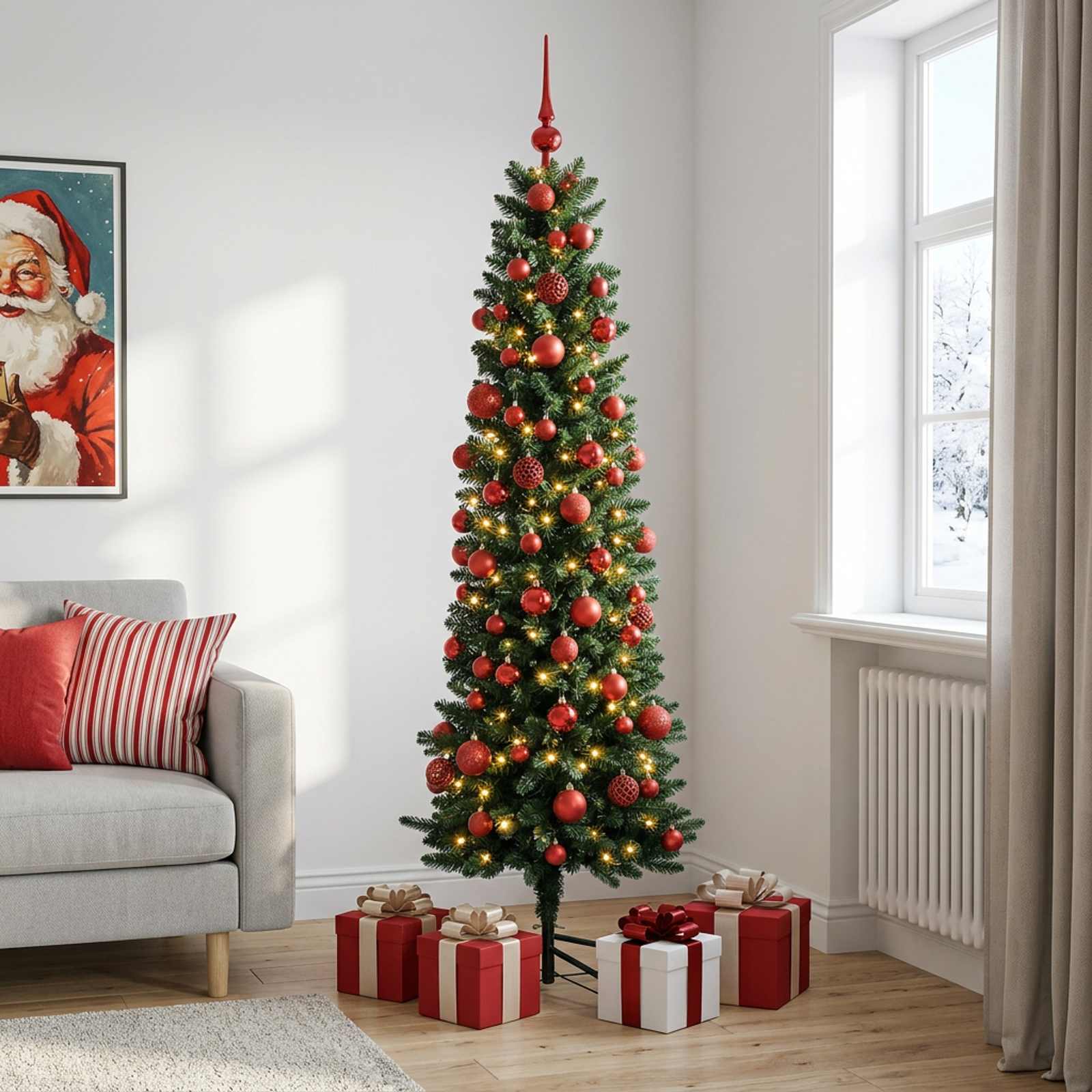 vidaXL - Smalle - kunstkerstboom - met - kerstbal - 180 - cm - 300 - LED's - Warmwit