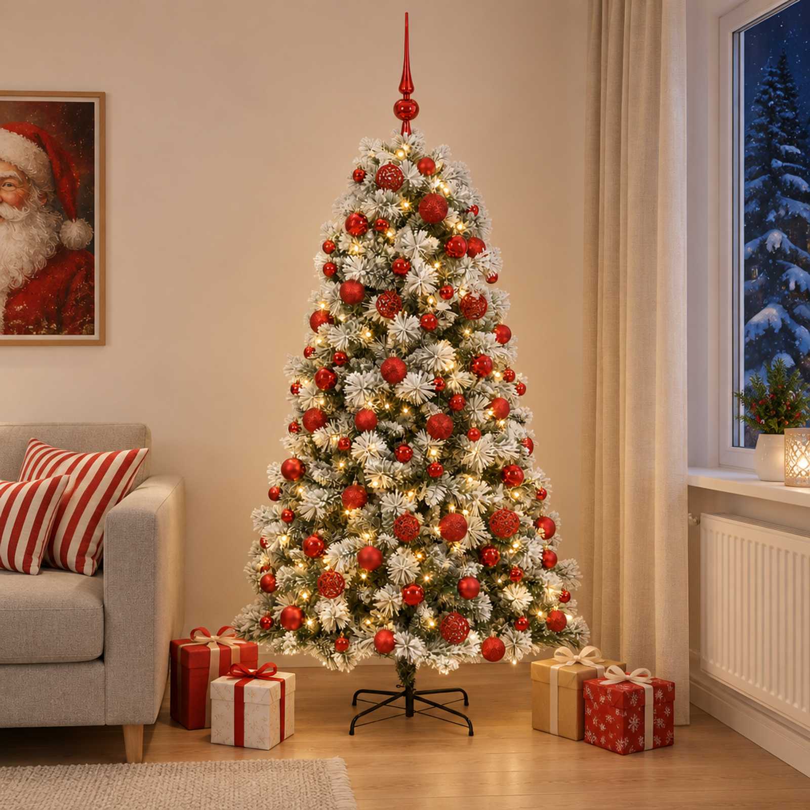 vidaXL Kunstigt hængslet juletræ med julekugler 210 cm 300 LED'er