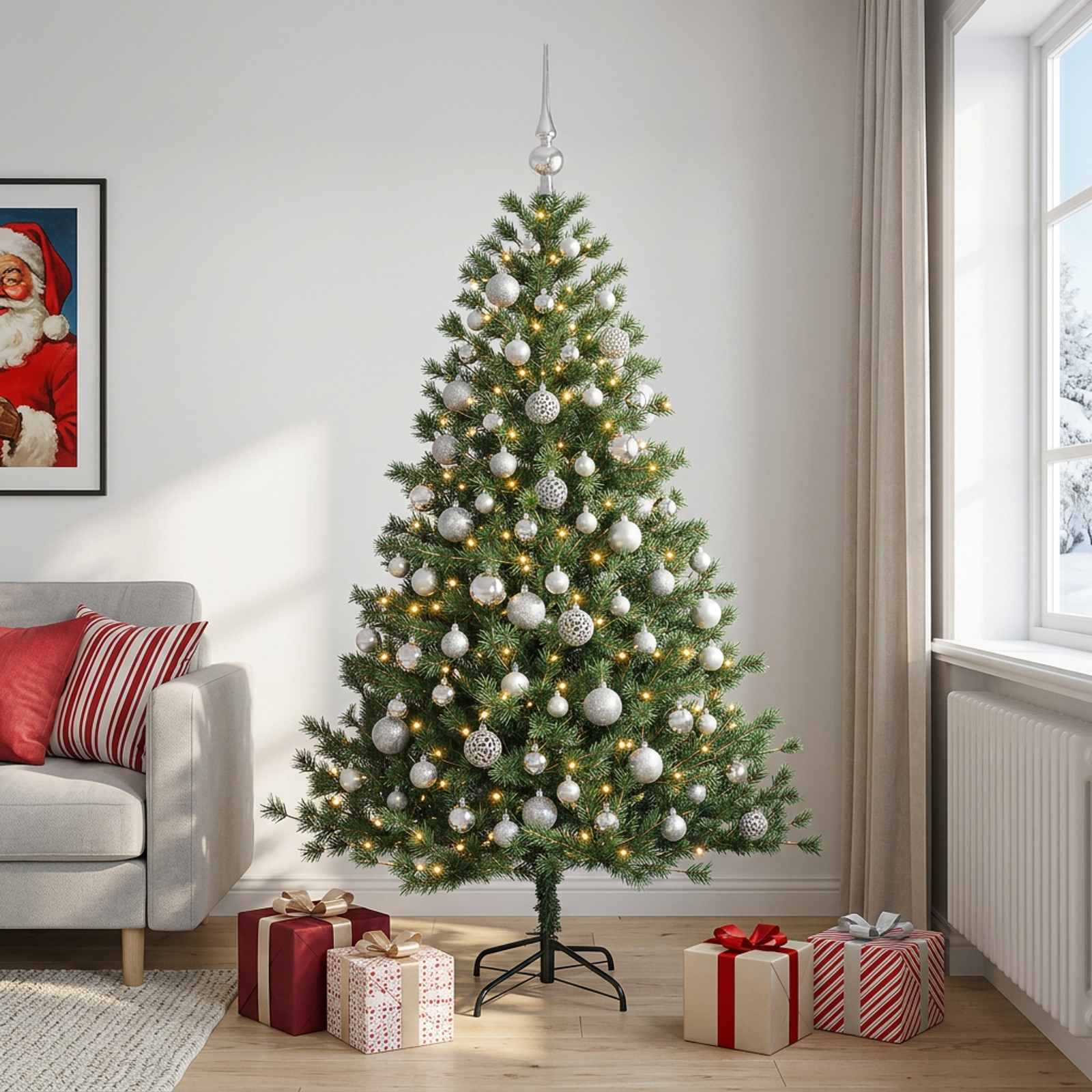 vidaXL Kunstigt juletræ med julekugle 240 cm 300 LED'er Varm hvid