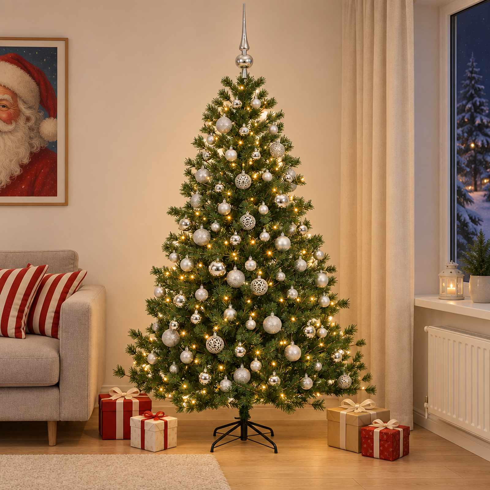 Umetna božična jelka z bučko 210 cm 300 LED Toplo bela