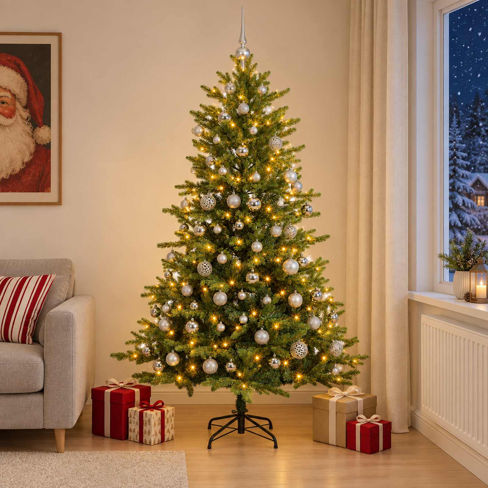 Umetna božična jelka z bučko 210 cm 300 LED Toplo bela