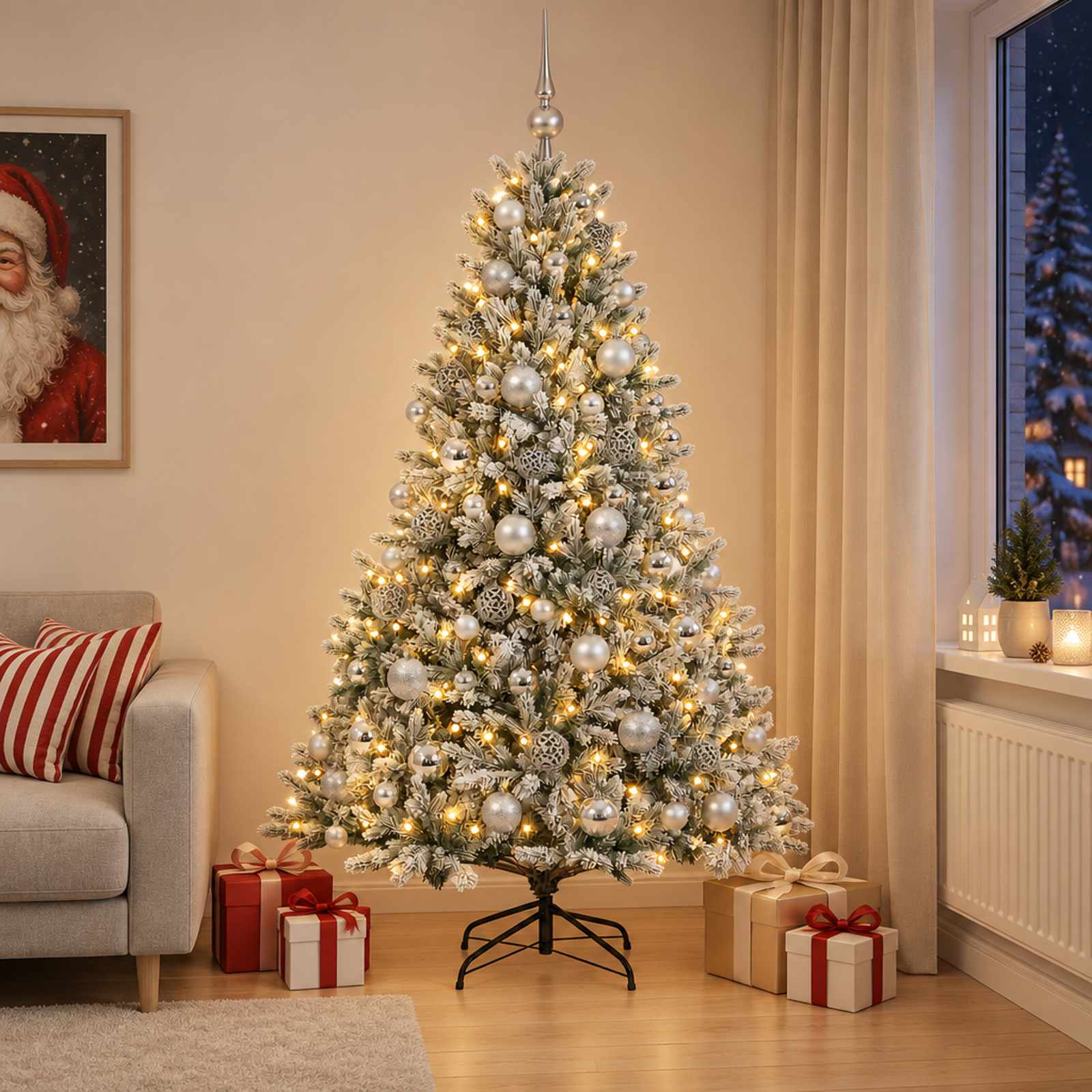 Umetna božična jelka z bučko 210 cm 300 LED Toplo bela