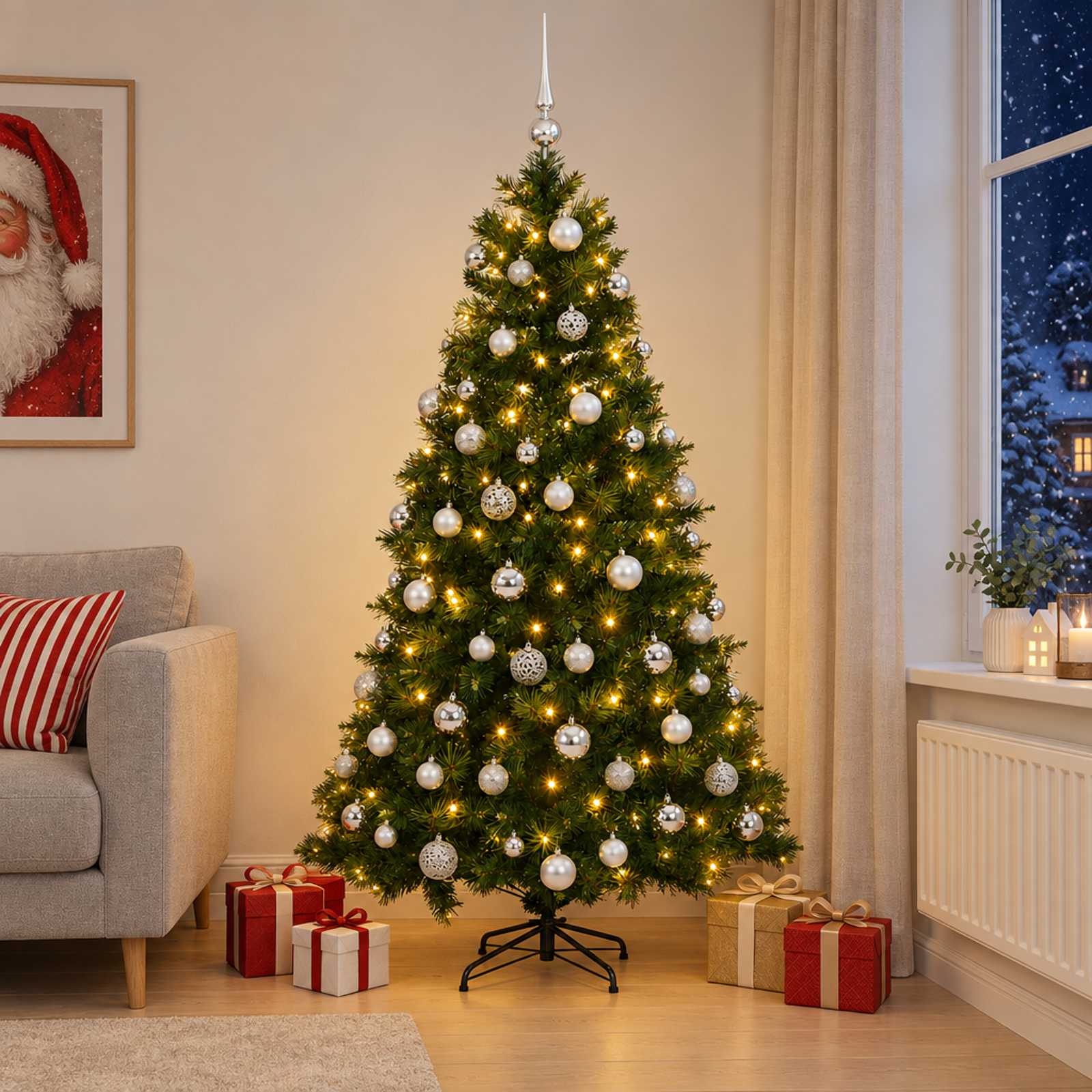 vidaXL Kunstigt juletræ med julekugle 180 cm 300 LED'er Varm hvid