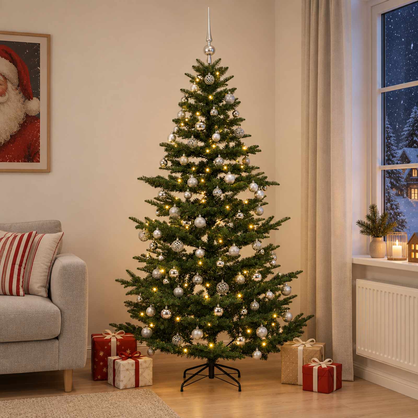 Umetna božična jelka z bučko 210 cm 300 LED Toplo bela