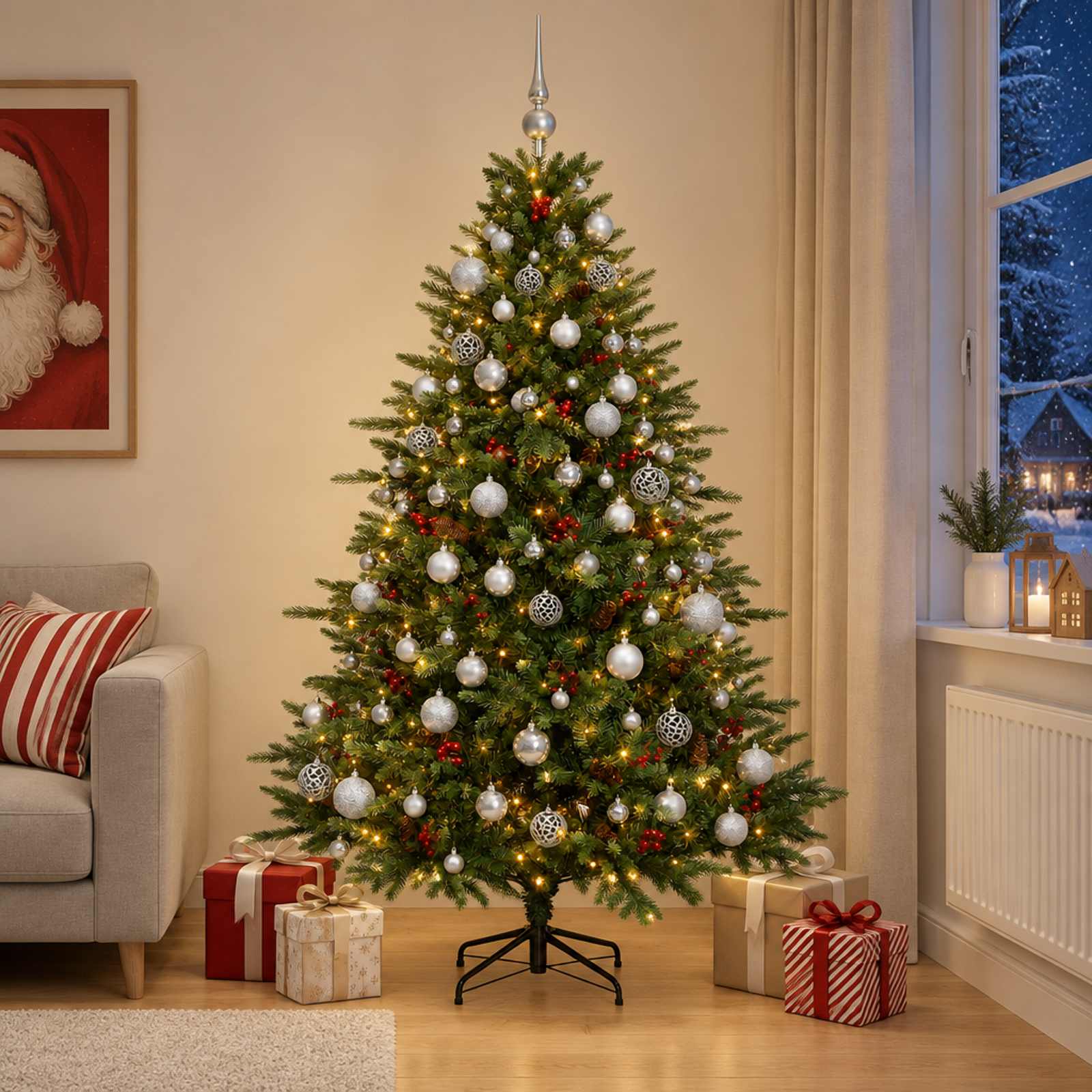 Umetna božična jelka z bučko 210 cm 300 LED Toplo bela