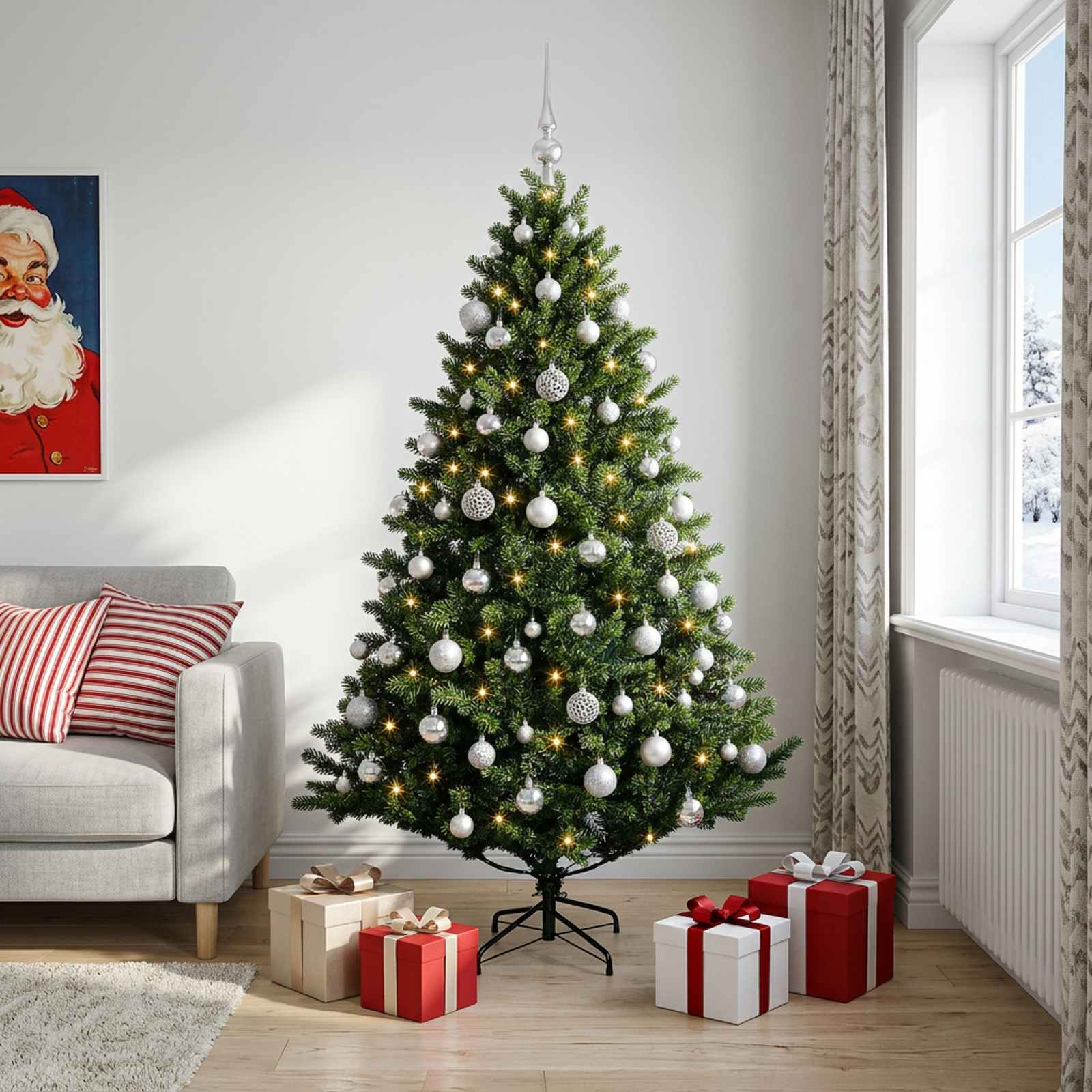 vidaXL Kunstig juletræ med kugler 240 cm 300 LED'er Varm hvid